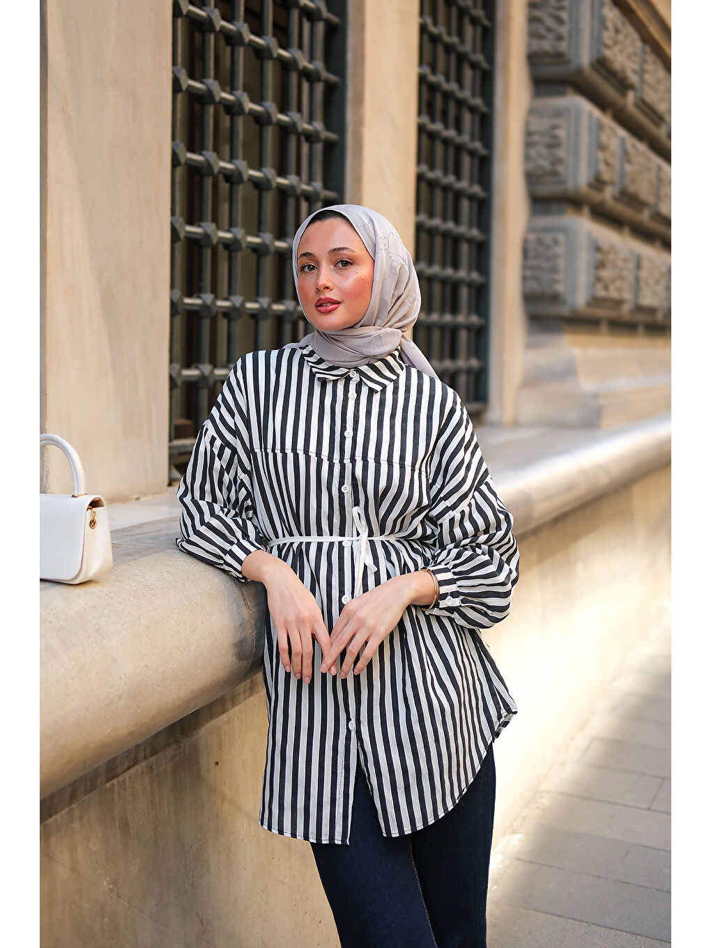 Kadın Çizgili Melanj Gömlek Siyah