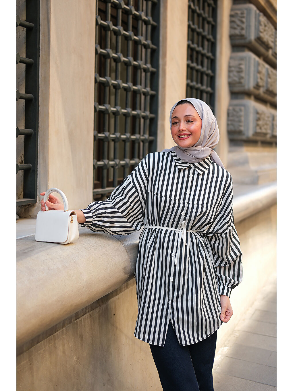 Kadın Çizgili Melanj Gömlek Siyah-1