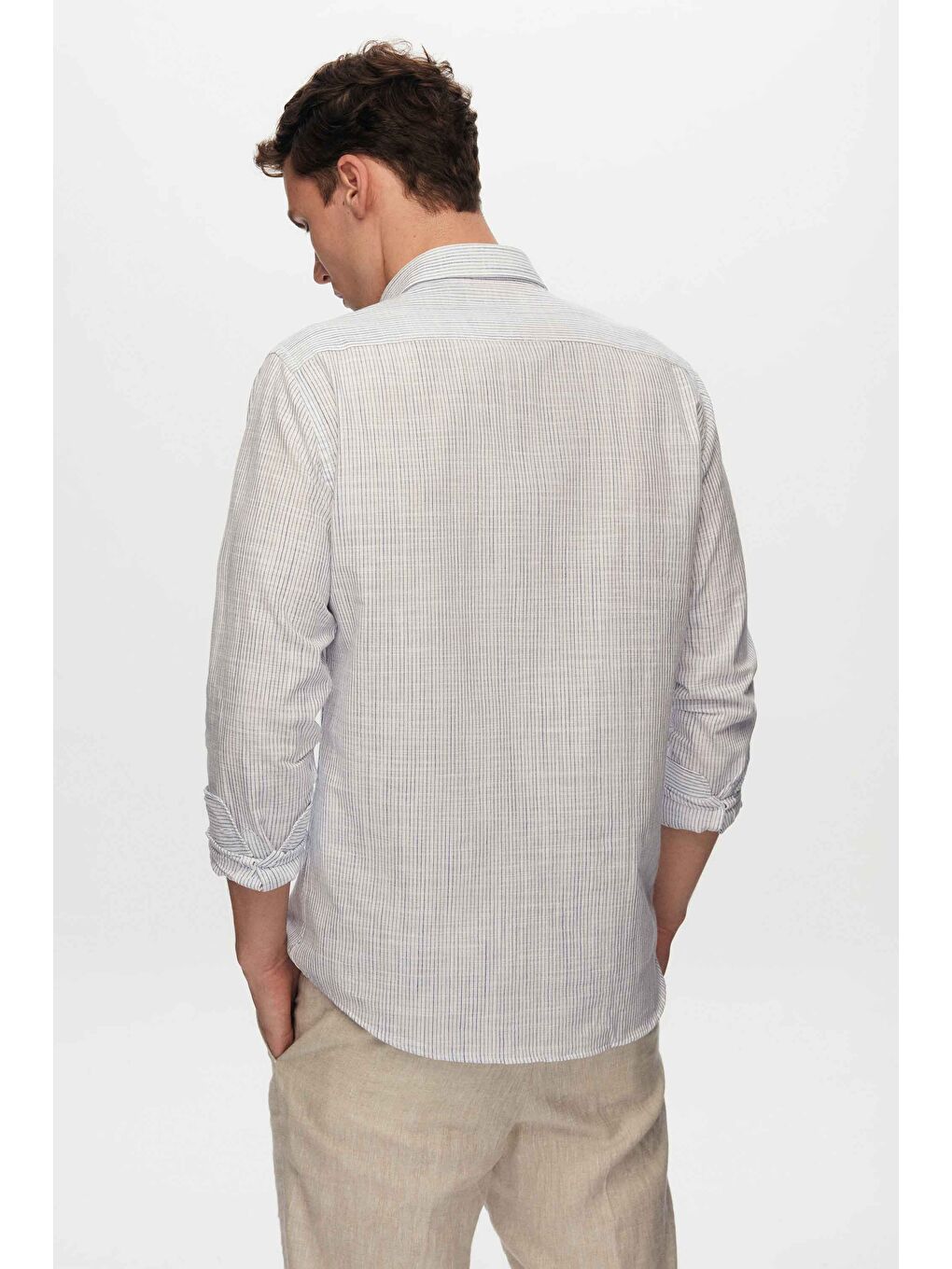 Slim Fit Mavi İnce Çizgili %100 Pamuk Yazlık Keten Gömlek-3