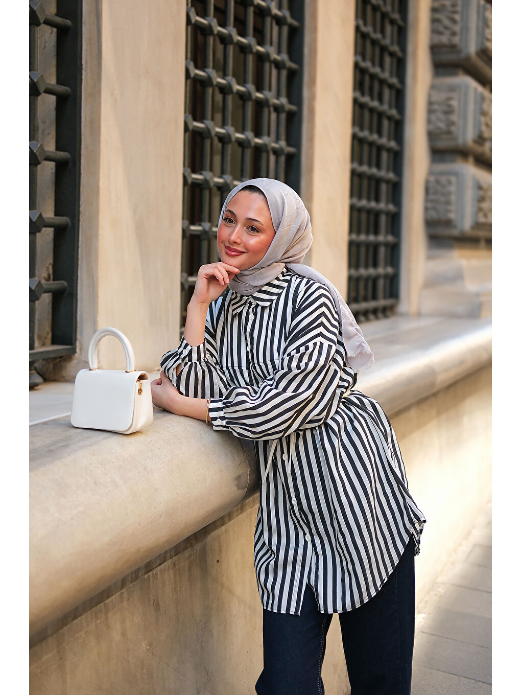 Kadın Çizgili Melanj Gömlek Siyah-2