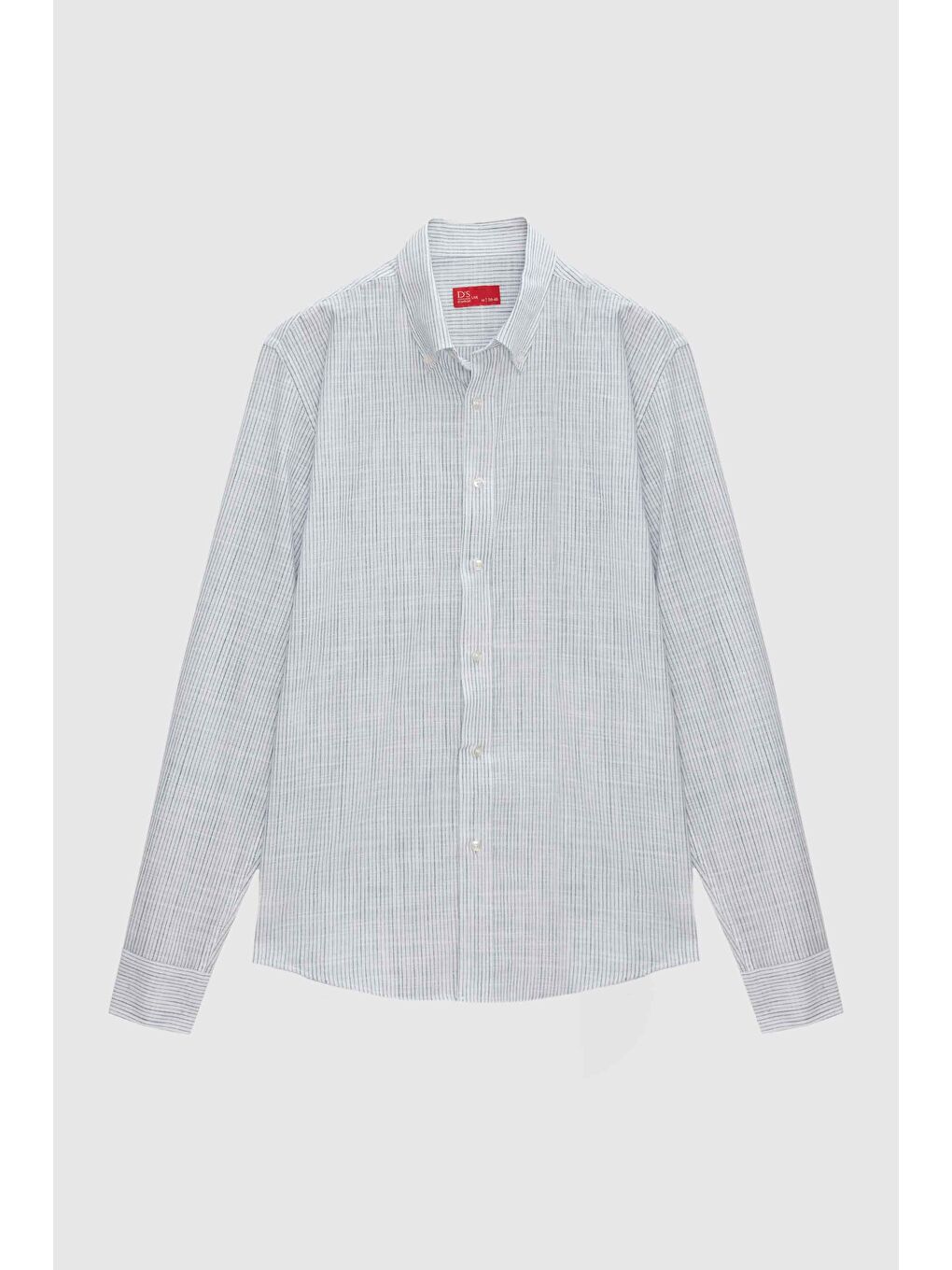 Slim Fit Mavi İnce Çizgili %100 Pamuk Yazlık Keten Gömlek-4