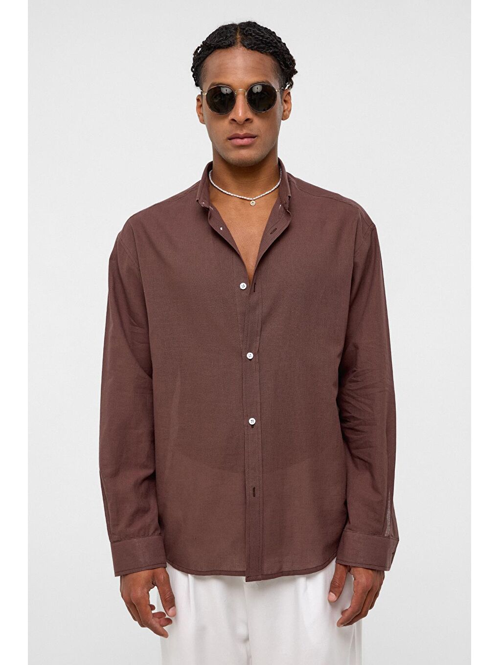 Kahverengi Basic Oversize Pamuk Keten Gömlek Kahve