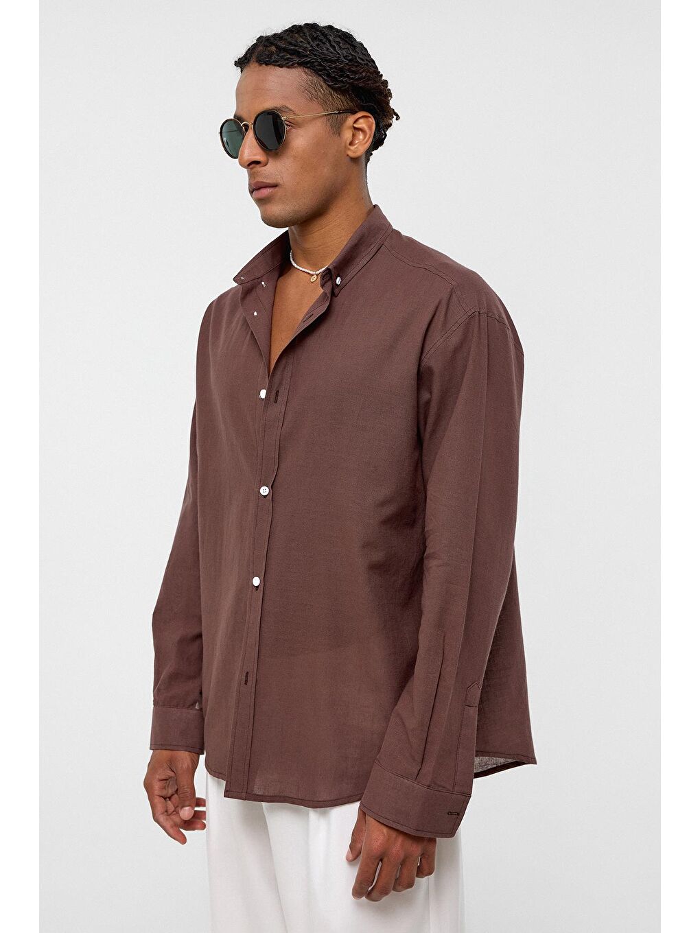 Kahverengi Basic Oversize Pamuk Keten Gömlek Kahve-2