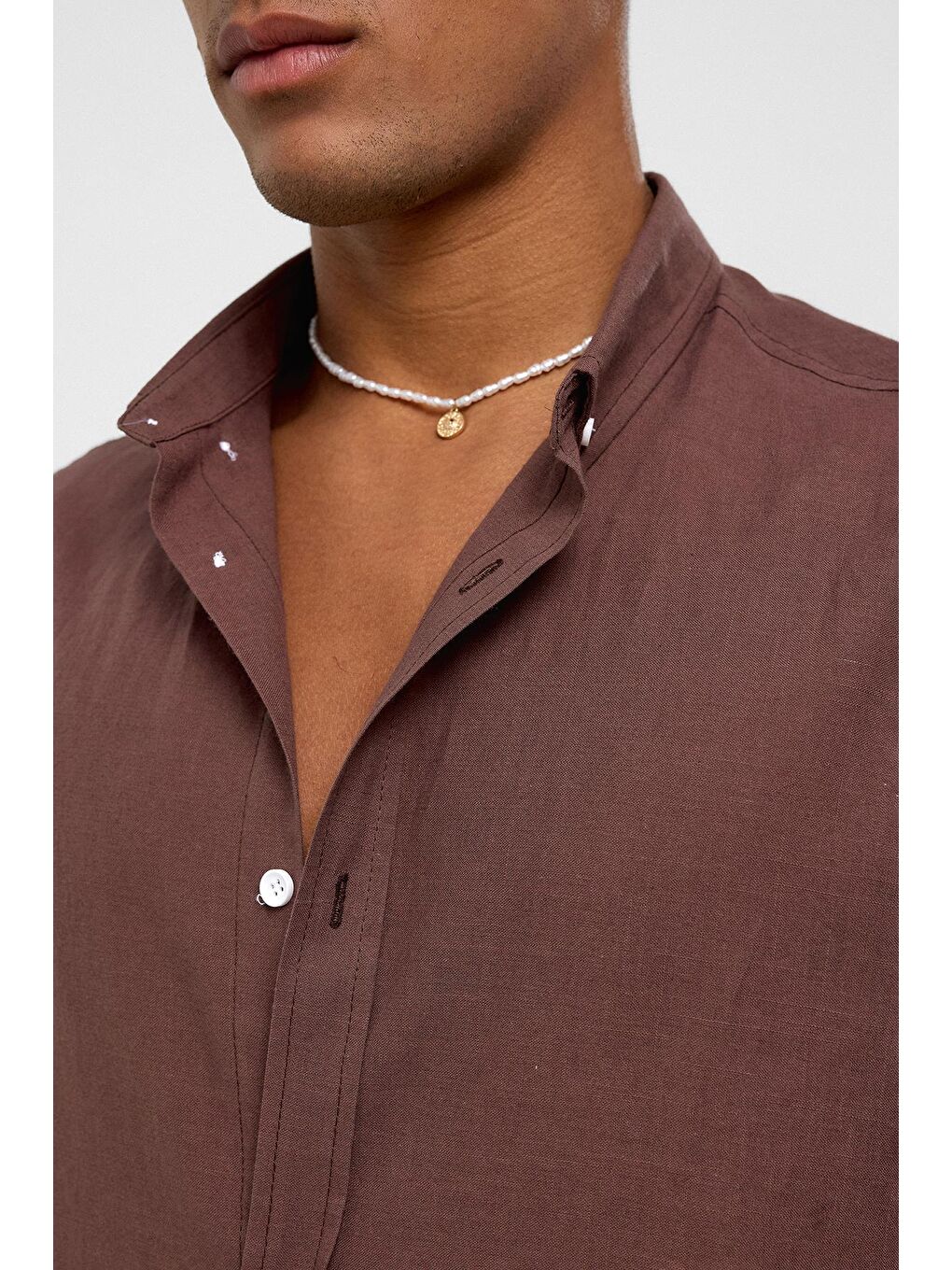 Kahverengi Basic Oversize Pamuk Keten Gömlek Kahve-3