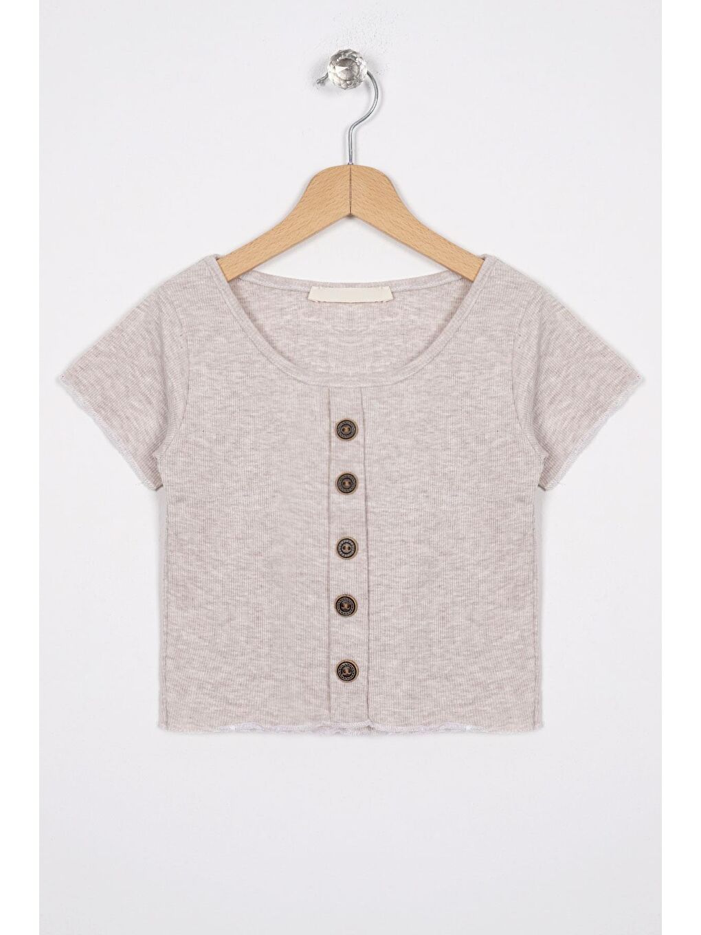 Bisiklet Yaka Kısa Kol Fitilli Bej Melanj Renk Kız Çocuk Tshirt