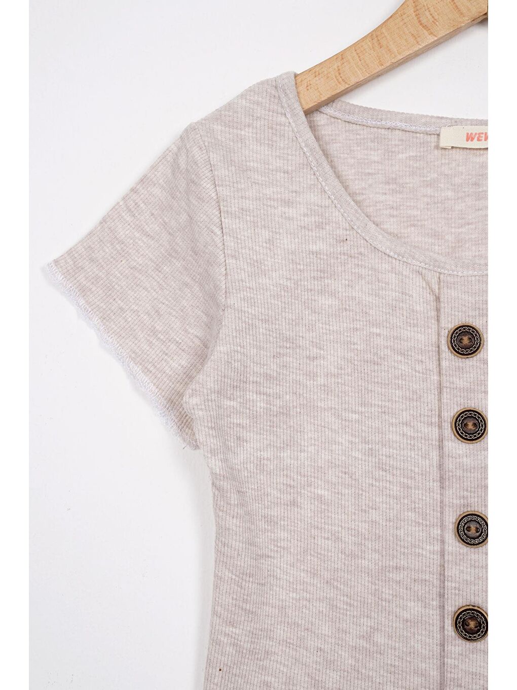 Bisiklet Yaka Kısa Kol Fitilli Bej Melanj Renk Kız Çocuk Tshirt-1