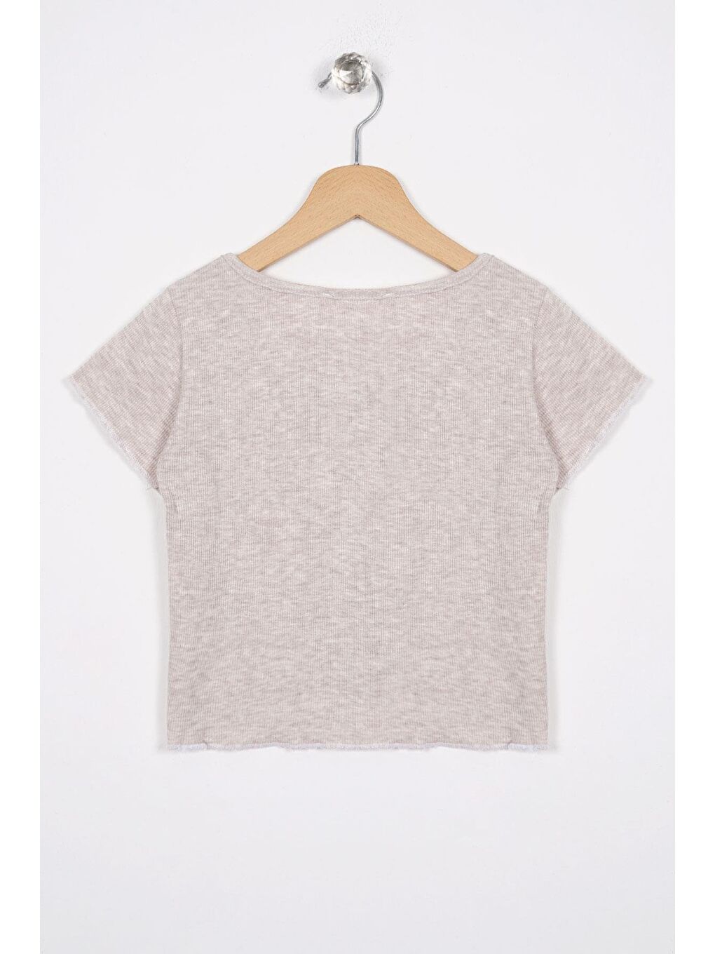 Bisiklet Yaka Kısa Kol Fitilli Bej Melanj Renk Kız Çocuk Tshirt-2