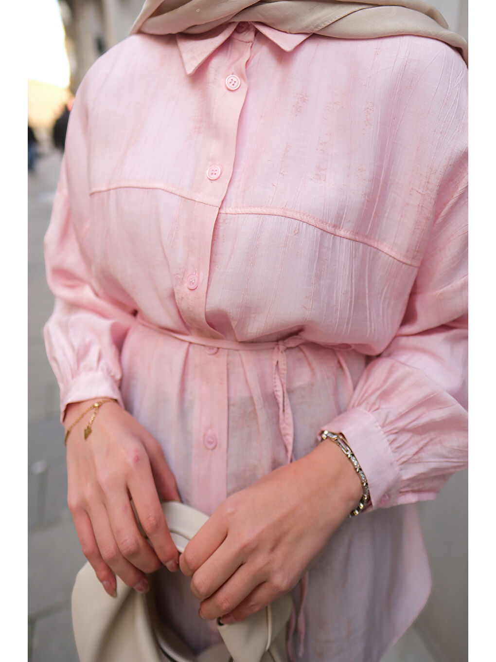 Kadın Dokulu Oversize Gömlek Pembe-1