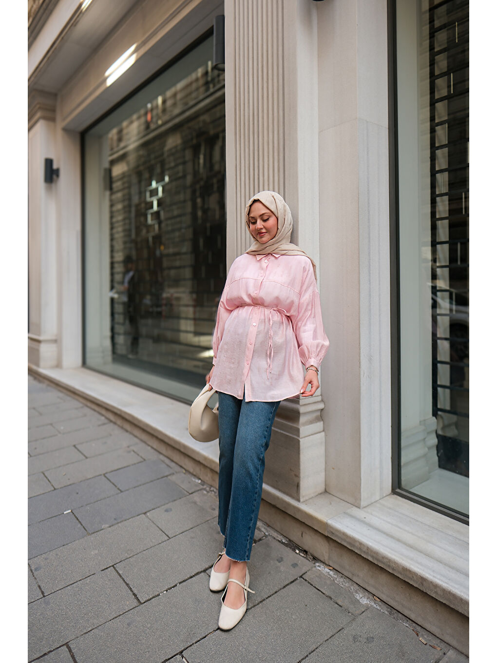 Kadın Dokulu Oversize Gömlek Pembe-2