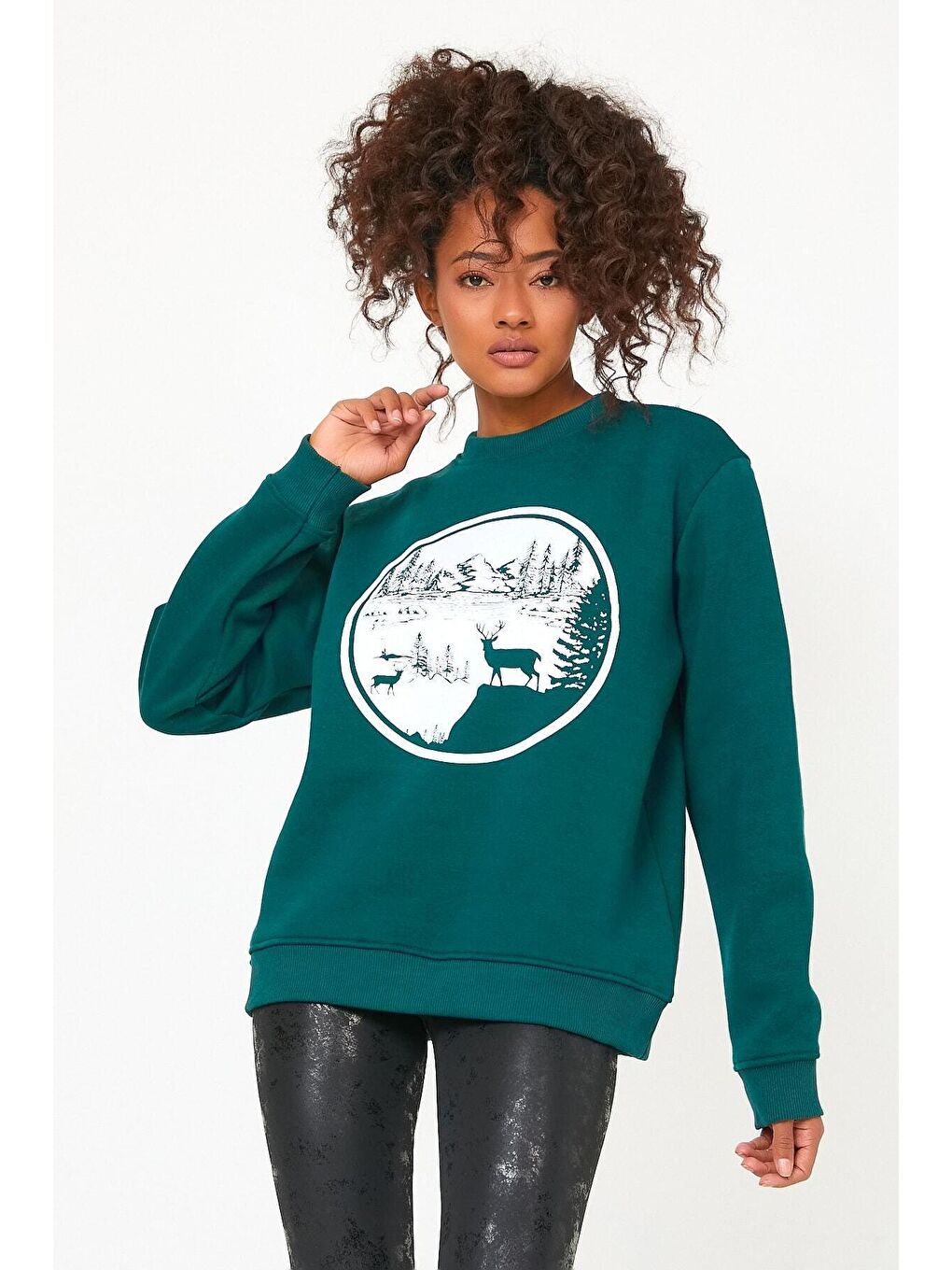 Yeşil Store Kadın Sweatshirt Içi Polarlı Baskılı Oversize Outdoor Sweatshirt(YEŞİL CEYLAN)