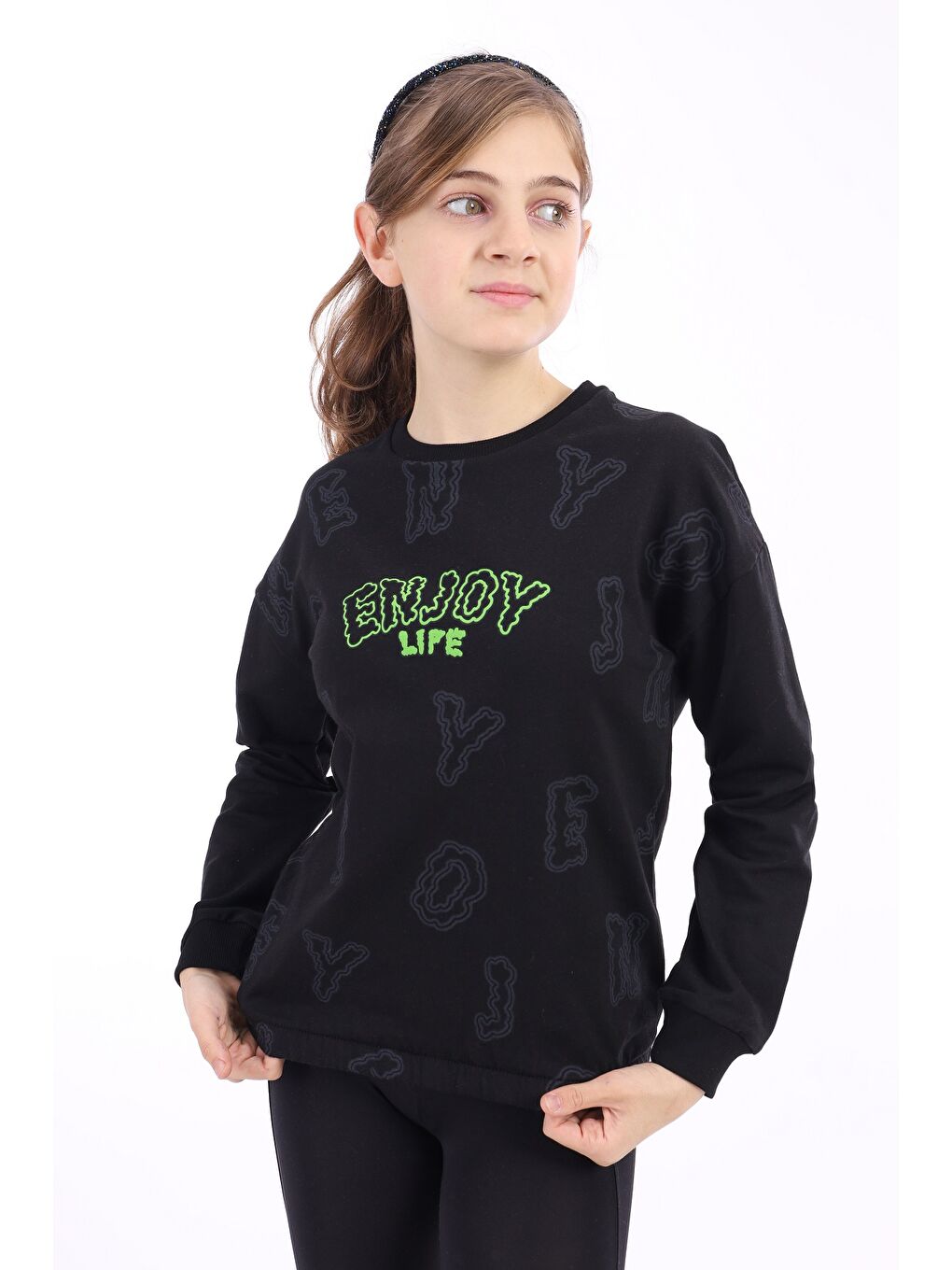 Siyah Kız Çocuk Baskılı Sweatshirt-1