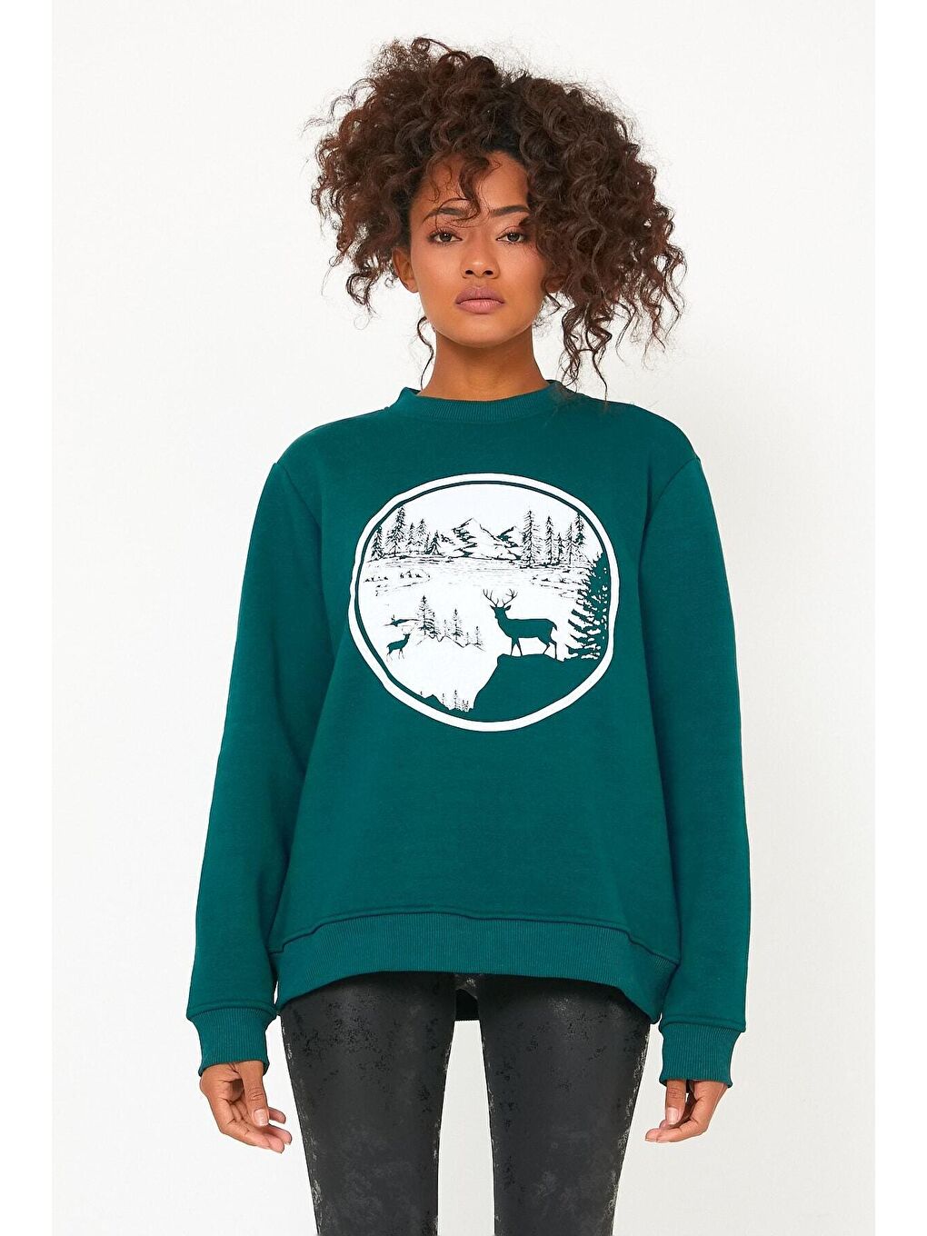 Yeşil Store Kadın Sweatshirt Içi Polarlı Baskılı Oversize Outdoor Sweatshirt(YEŞİL CEYLAN)-3