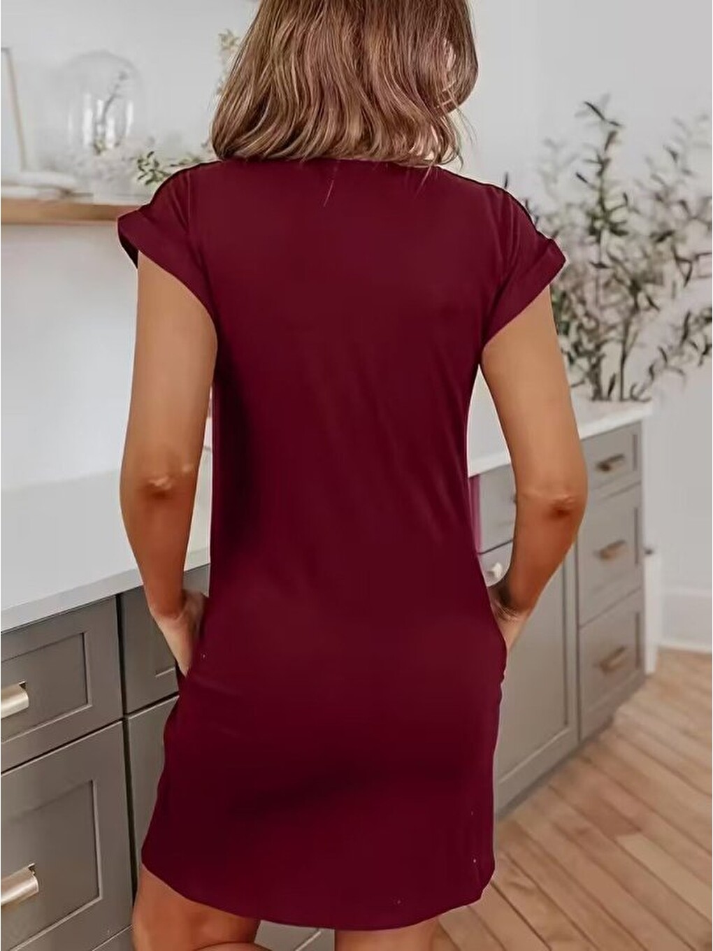 Bordo Kadın Kısa Kollu Bisiklet Yaka Cepli Kısa Viskon Iki Iplik Elbise-3