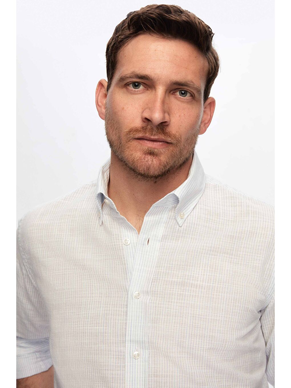 Slim Fit Açık Mavi İnce Çizgili %100 Pamuk Yazlık Keten Gömlek-1