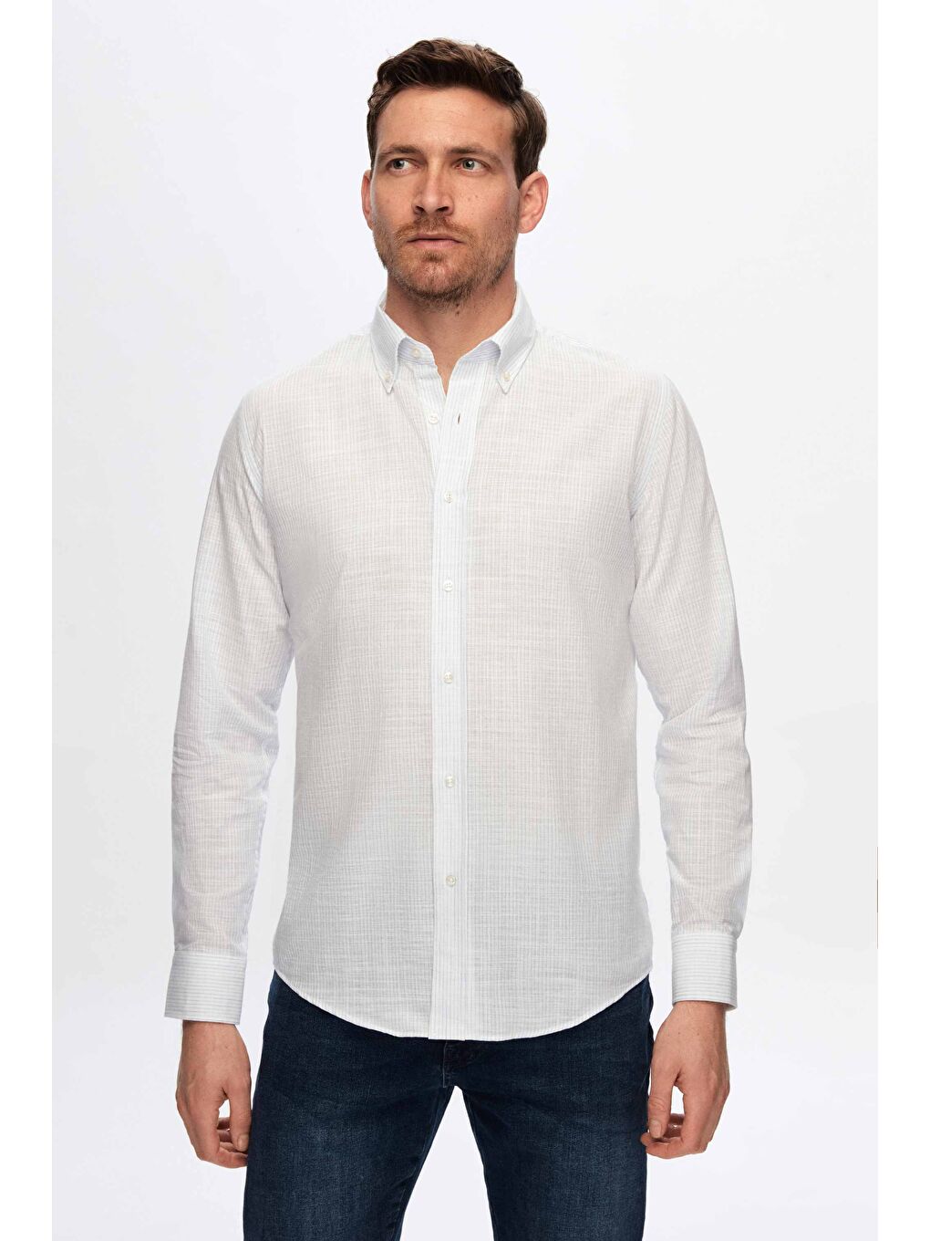 Slim Fit Açık Mavi İnce Çizgili %100 Pamuk Yazlık Keten Gömlek-2