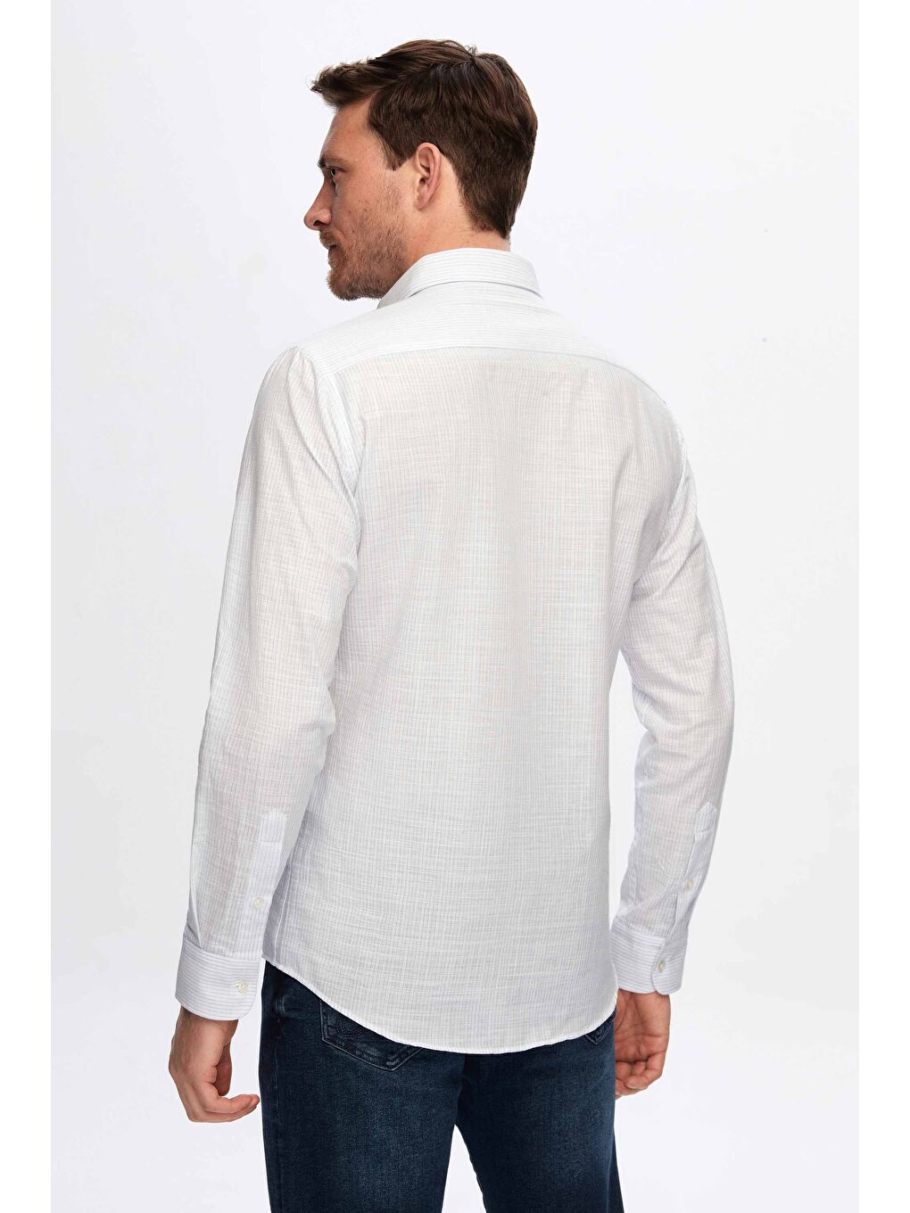 Slim Fit Açık Mavi İnce Çizgili %100 Pamuk Yazlık Keten Gömlek-3