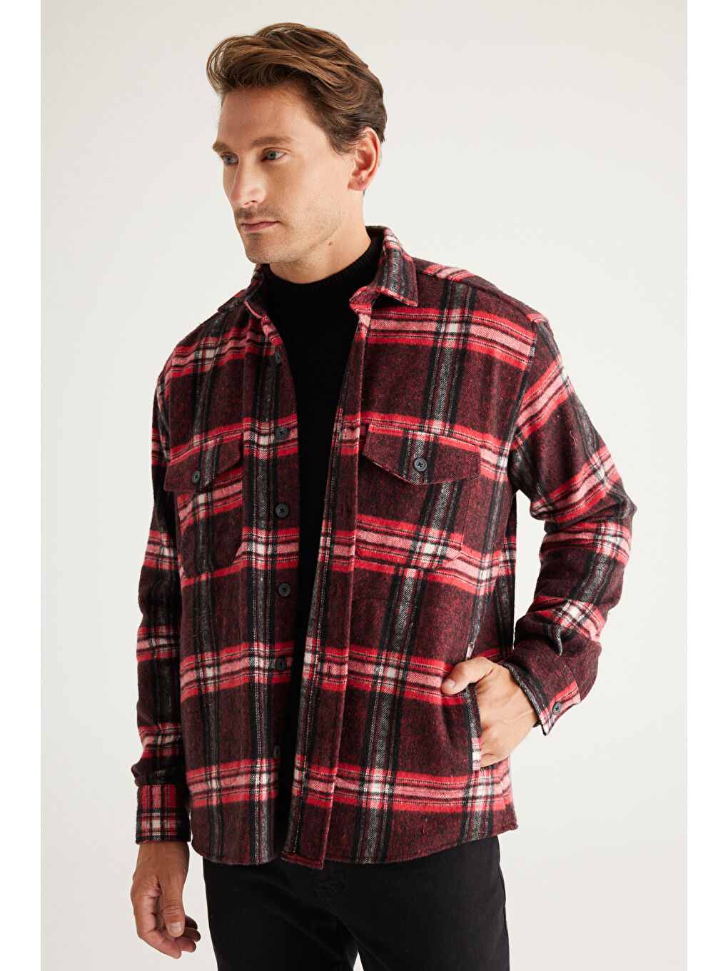 Erkek Kırmızı-Siyah Oversize Fit Geniş Kesim Düğmeli Yaka Kareli Oduncu Gömlek Ceket