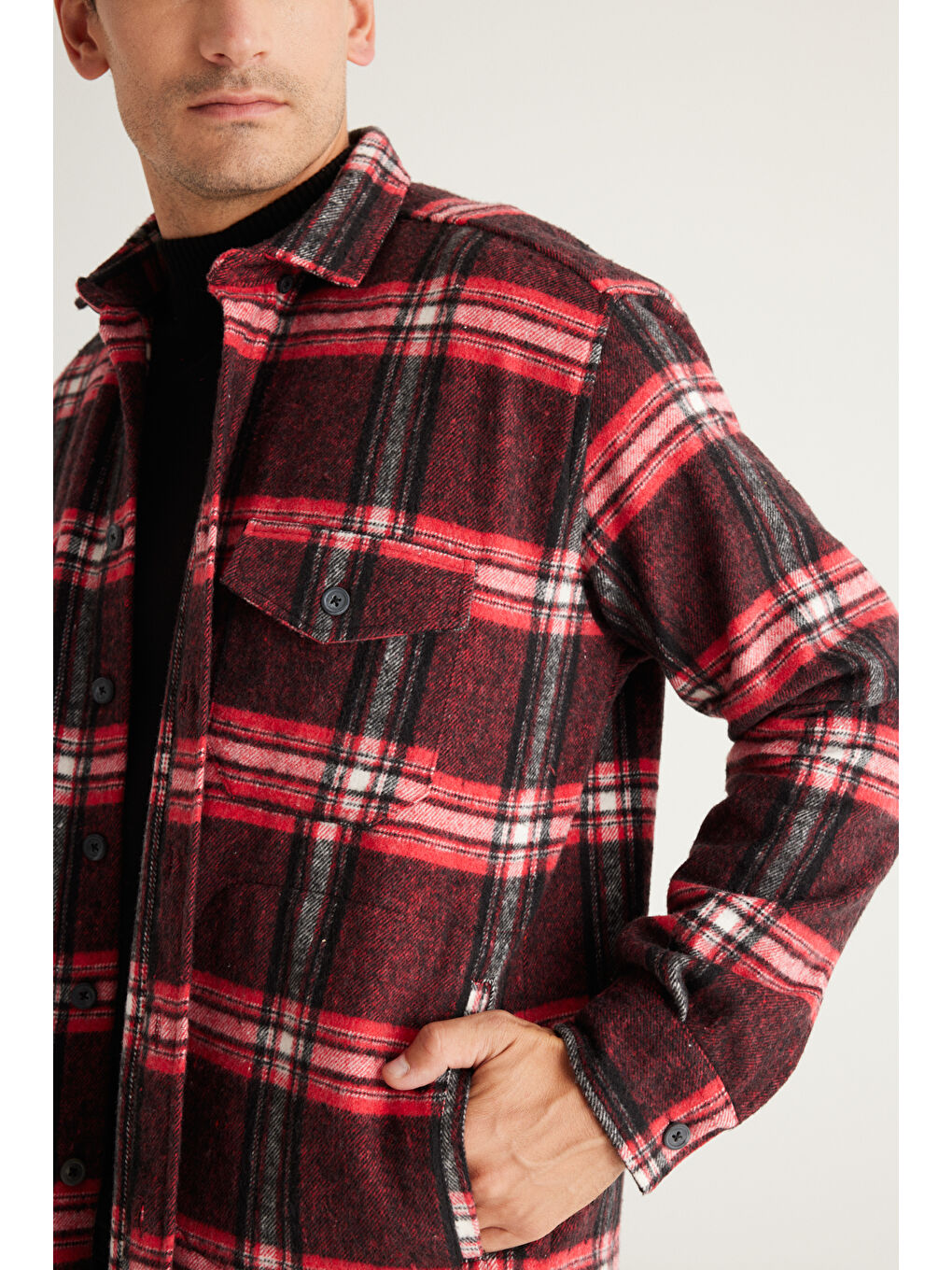 Erkek Kırmızı-Siyah Oversize Fit Geniş Kesim Düğmeli Yaka Kareli Oduncu Gömlek Ceket-2