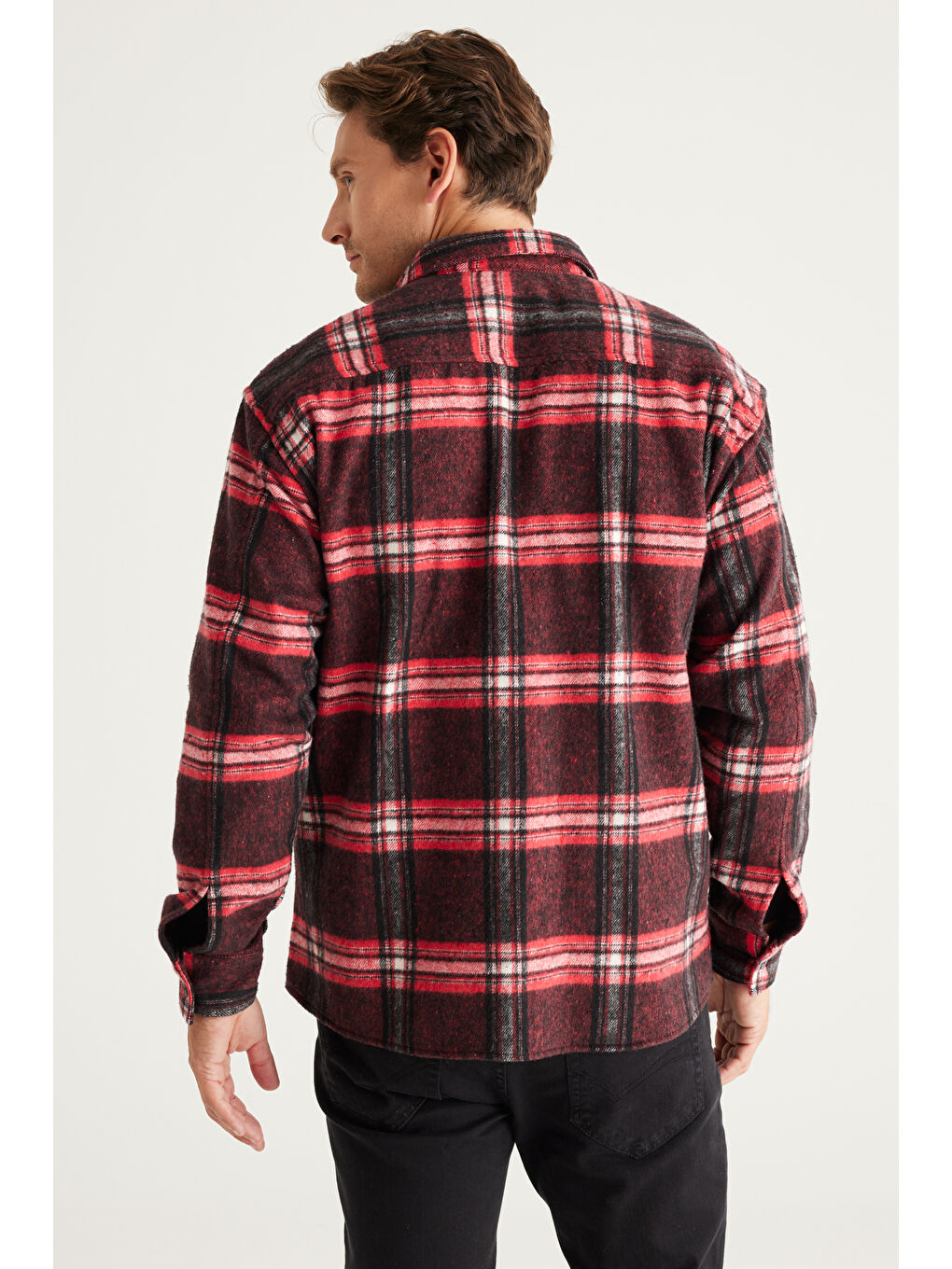 Erkek Kırmızı-Siyah Oversize Fit Geniş Kesim Düğmeli Yaka Kareli Oduncu Gömlek Ceket-5