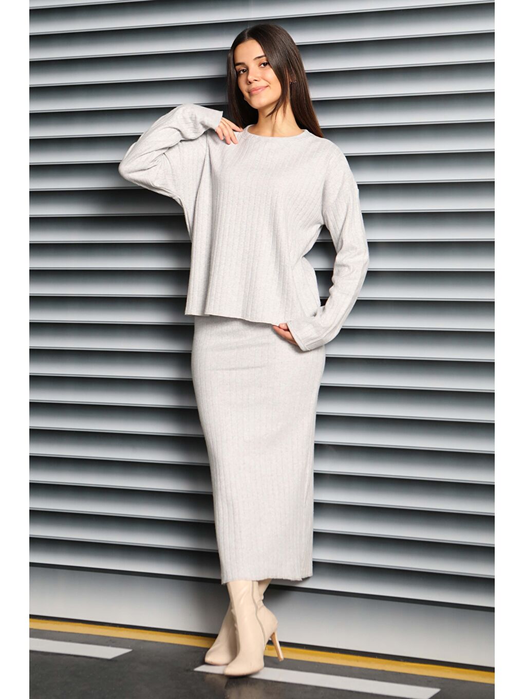 İnterlok Bluz Etekli Takım Gri - 27814-GRI