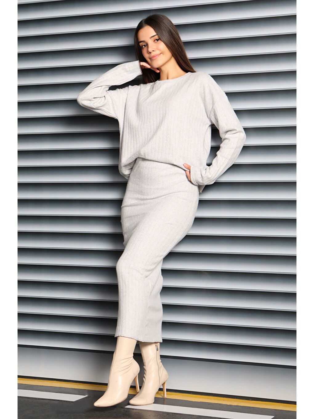 İnterlok Bluz Etekli Takım Gri - 27814-GRI-1
