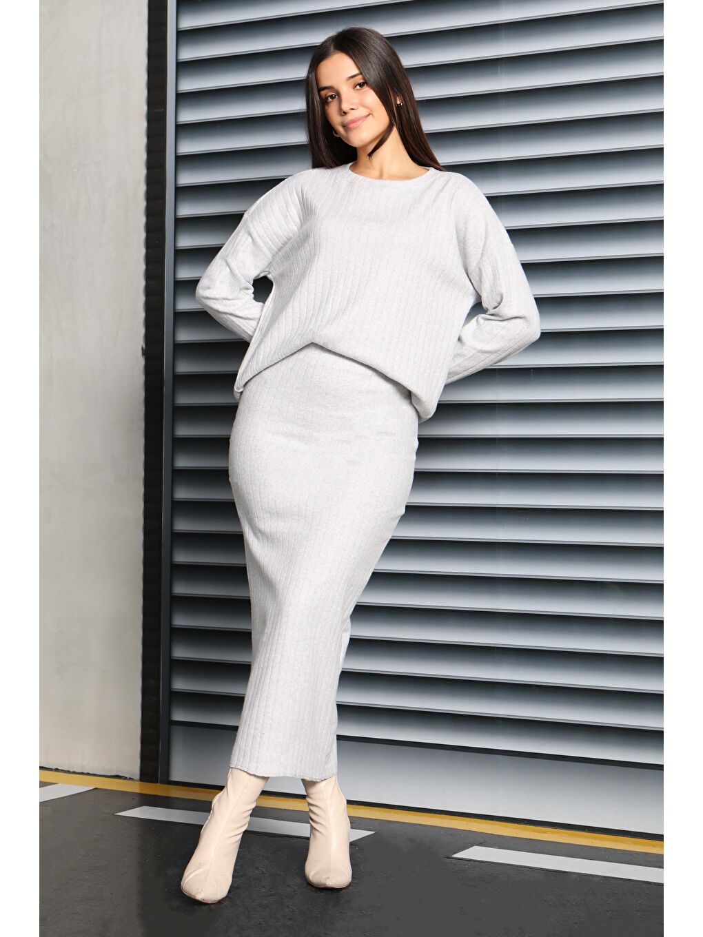 İnterlok Bluz Etekli Takım Gri - 27814-GRI-3