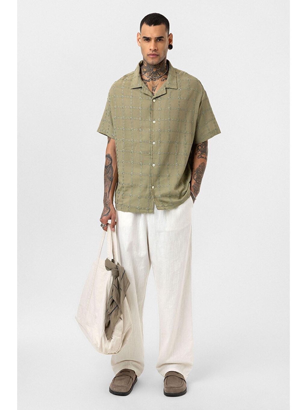 Dikiş Detaylı Oversize Kısa Kol Gömlek Haki