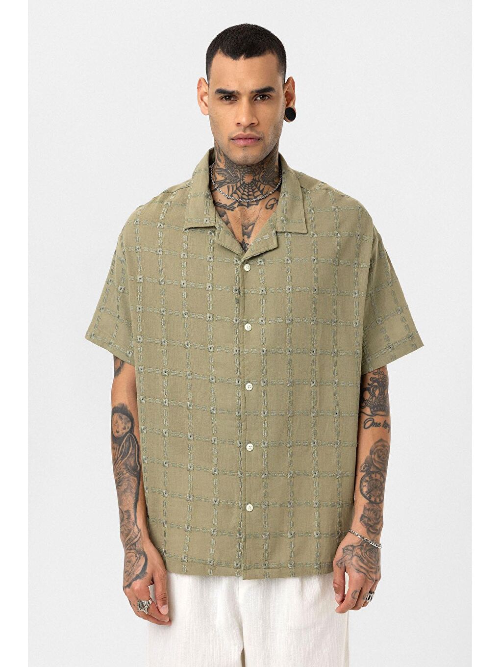 Dikiş Detaylı Oversize Kısa Kol Gömlek Haki-2