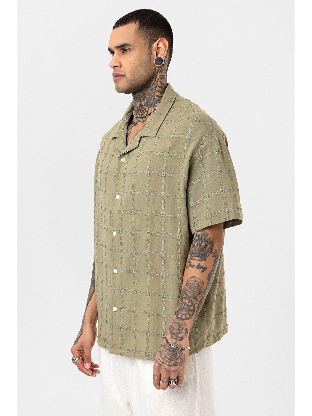 Dikiş Detaylı Oversize Kısa Kol Gömlek Haki-3