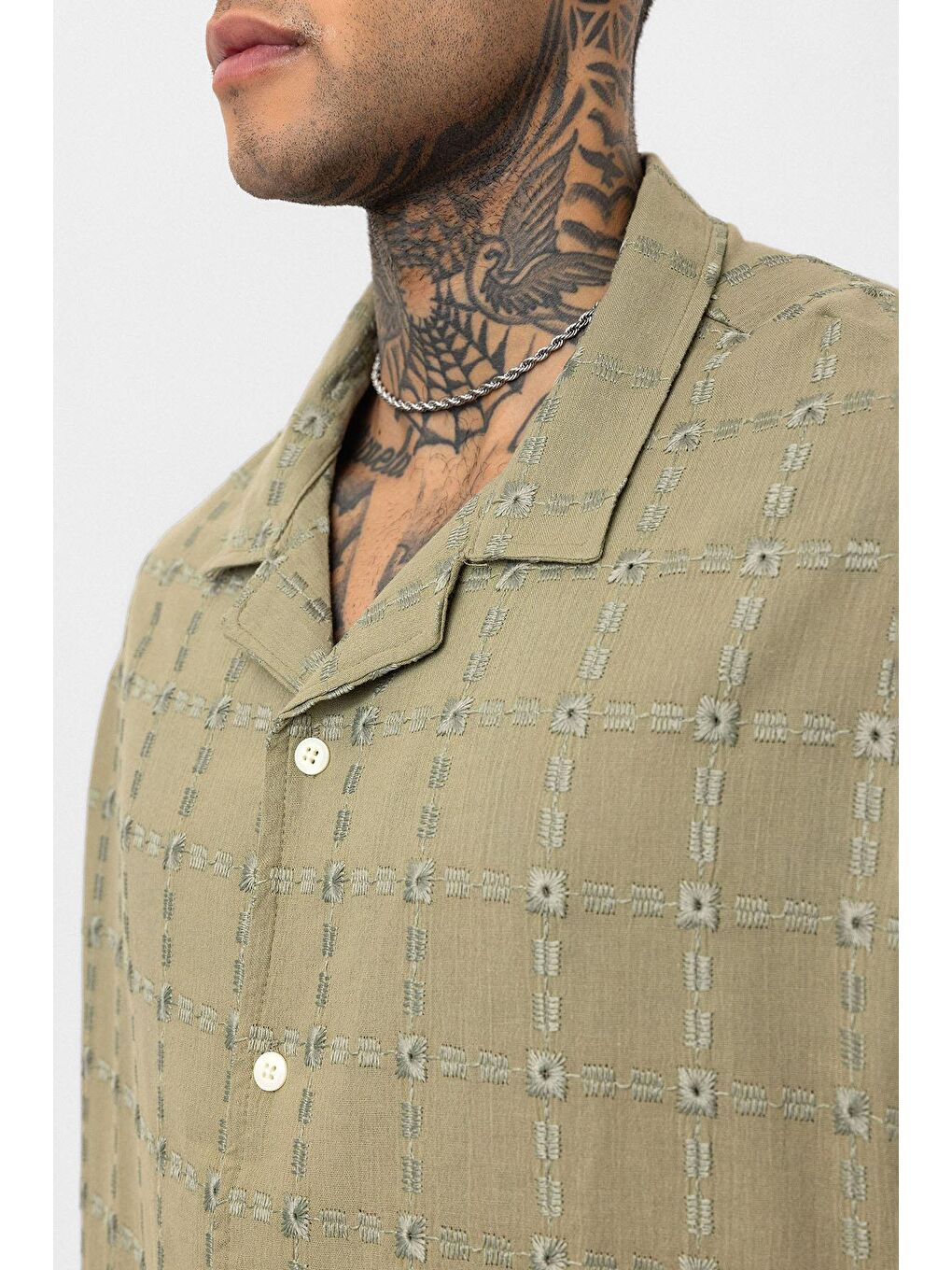 Dikiş Detaylı Oversize Kısa Kol Gömlek Haki-4