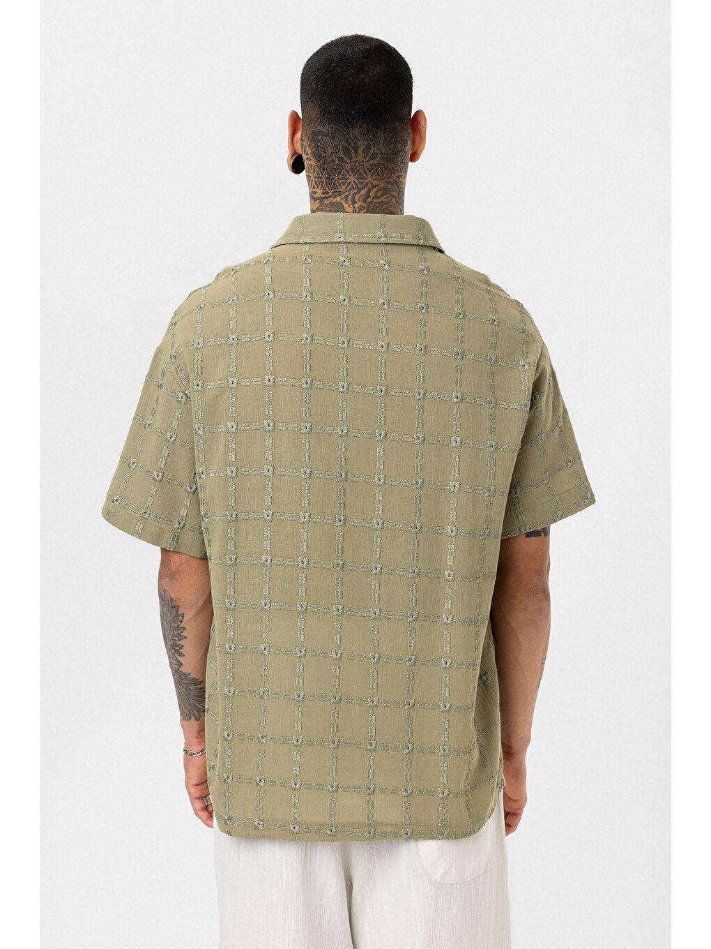 Dikiş Detaylı Oversize Kısa Kol Gömlek Haki-5