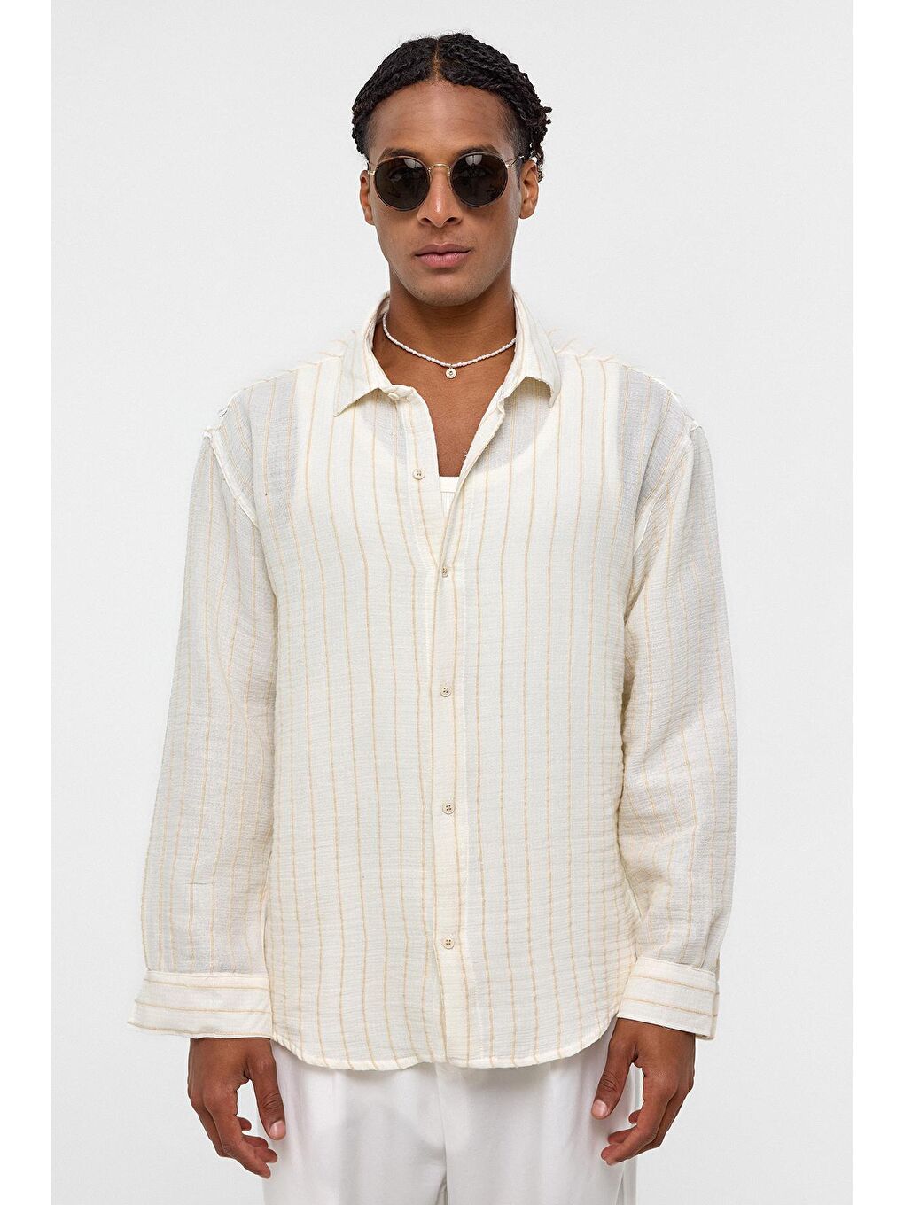Çizgili Oversize Müslin Keten Gömlek Ekru-2
