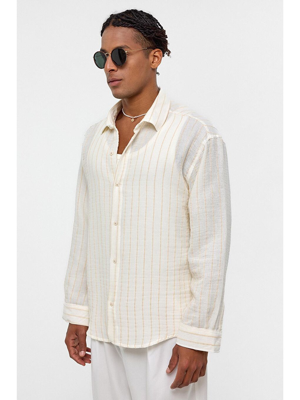 Çizgili Oversize Müslin Keten Gömlek Ekru-3