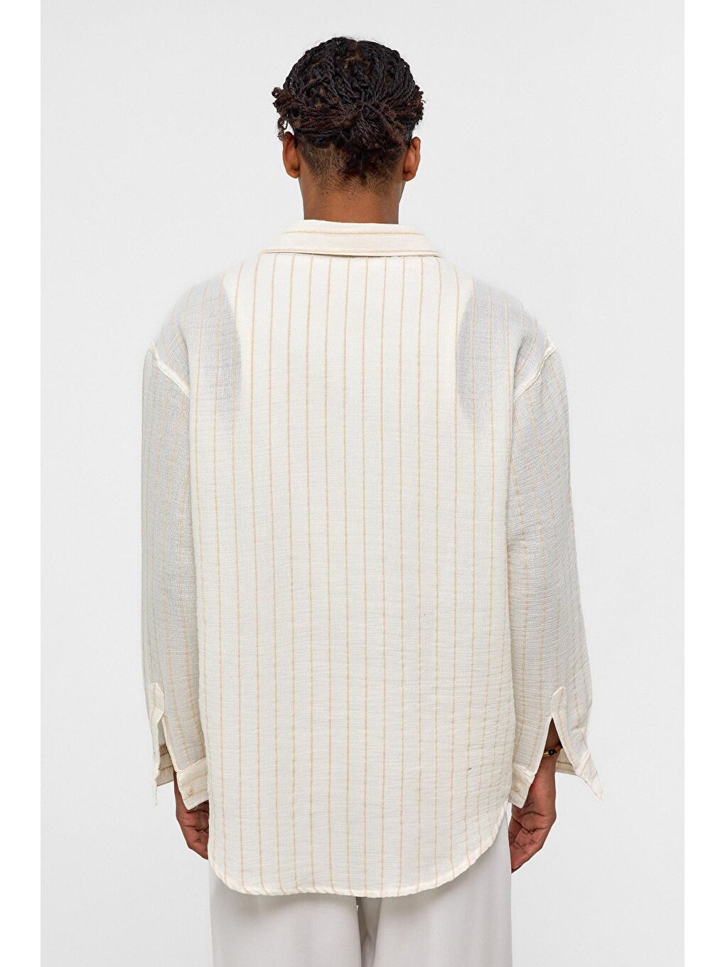 Çizgili Oversize Müslin Keten Gömlek Ekru-4