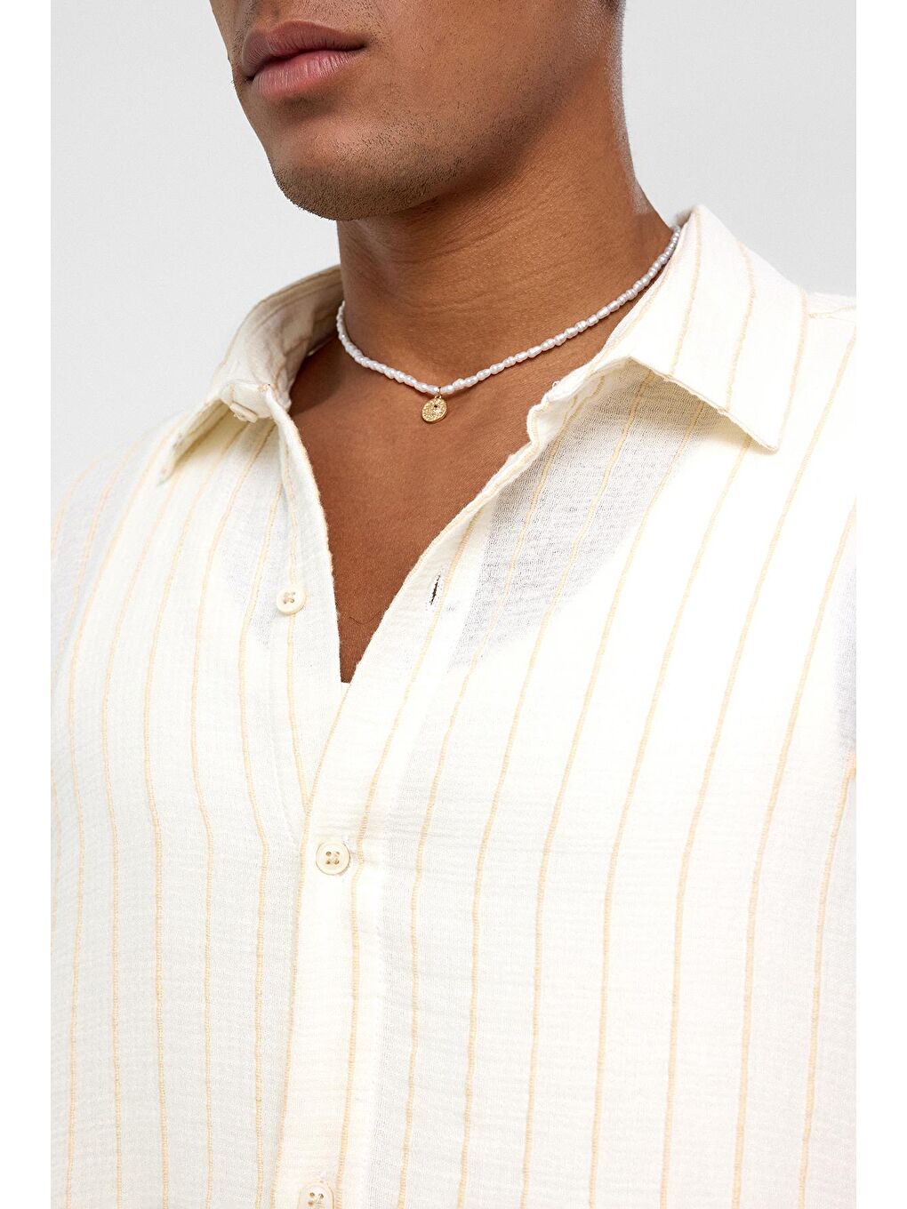 Çizgili Oversize Müslin Keten Gömlek Ekru-5