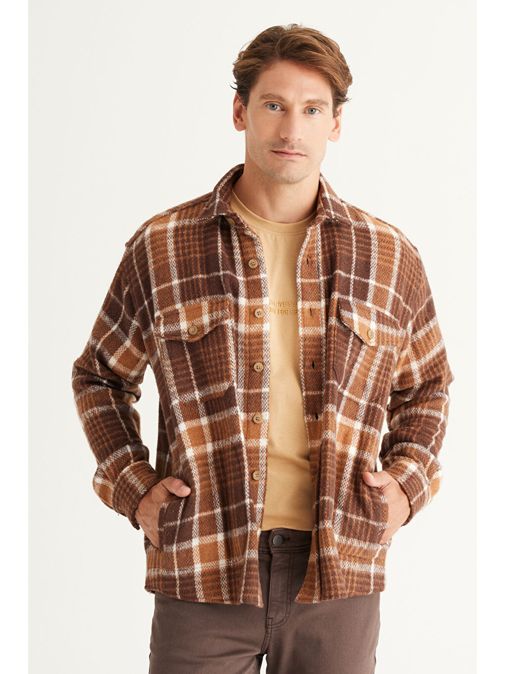 Bej Erkek Vizon-Kahve Oversize Fit Geniş Kesim Düğmeli Yaka Ekose Gömlek Ceket-2