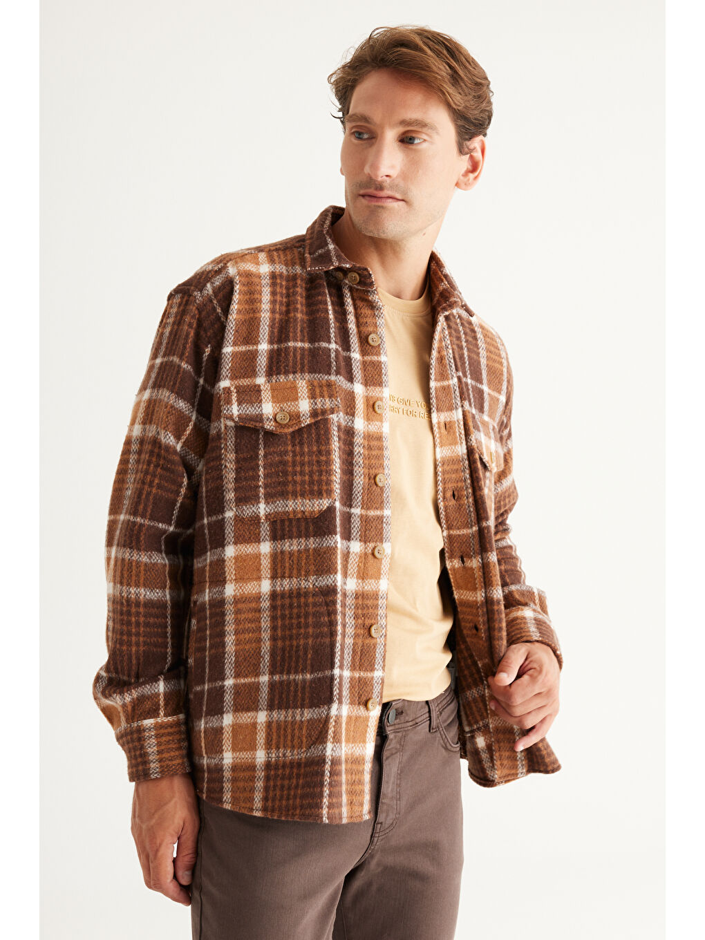 Bej Erkek Vizon-Kahve Oversize Fit Geniş Kesim Düğmeli Yaka Ekose Gömlek Ceket-3