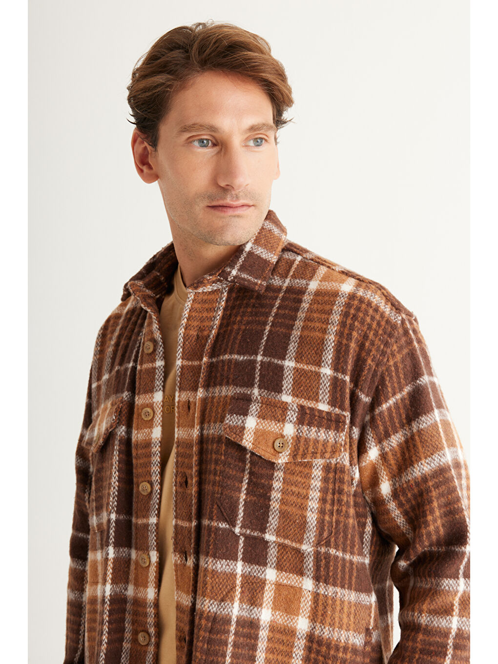Bej Erkek Vizon-Kahve Oversize Fit Geniş Kesim Düğmeli Yaka Ekose Gömlek Ceket-4