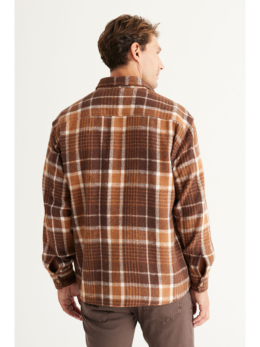 Bej Erkek Vizon-Kahve Oversize Fit Geniş Kesim Düğmeli Yaka Ekose Gömlek Ceket-5