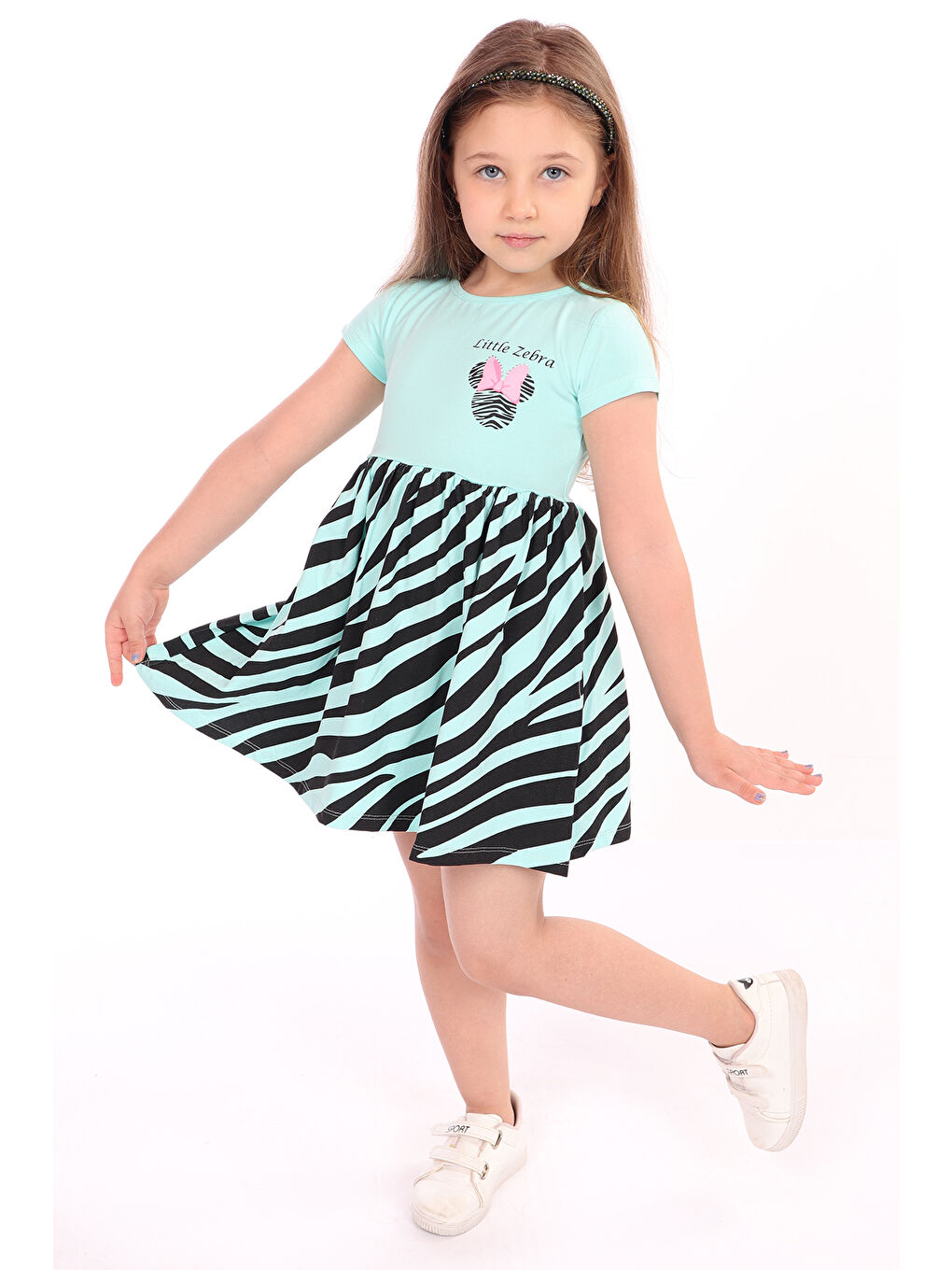 Toontoykids Mint Yeşil Kız Çocuk Little Yazılı Etek Kısmı Zebra Desen Baskılı Elbise