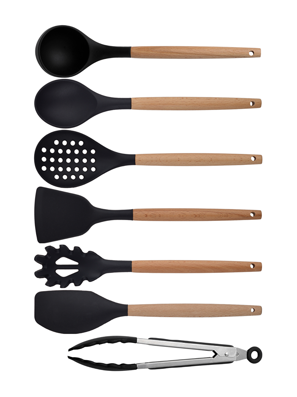 Kitchen Design Lab Siyah Bambu Silikon - Kepçe, Kaşık, Kevgir, Makarna, Açılı - Düz Spatula, Metal Maşa 7 li  Set