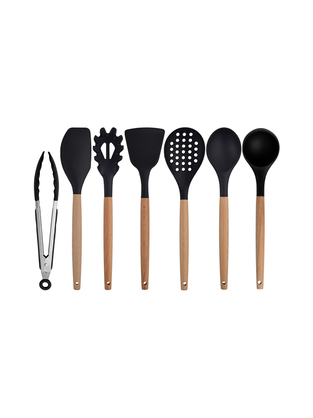 Kitchen Design Lab Siyah Bambu Silikon - Kepçe, Kaşık, Kevgir, Makarna, Açılı - Düz Spatula, Metal Maşa 7 li  Set - 1