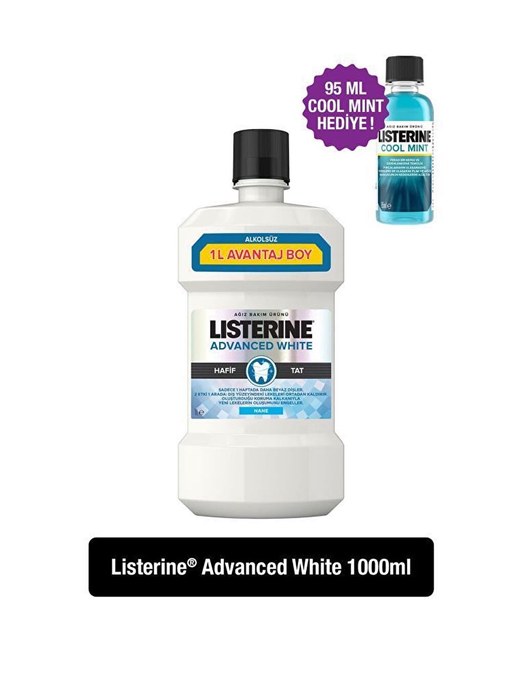 Listerine Renksiz Advanced White 1000 ml + Cool Mint 95 ml Ağız Bakım Suyu