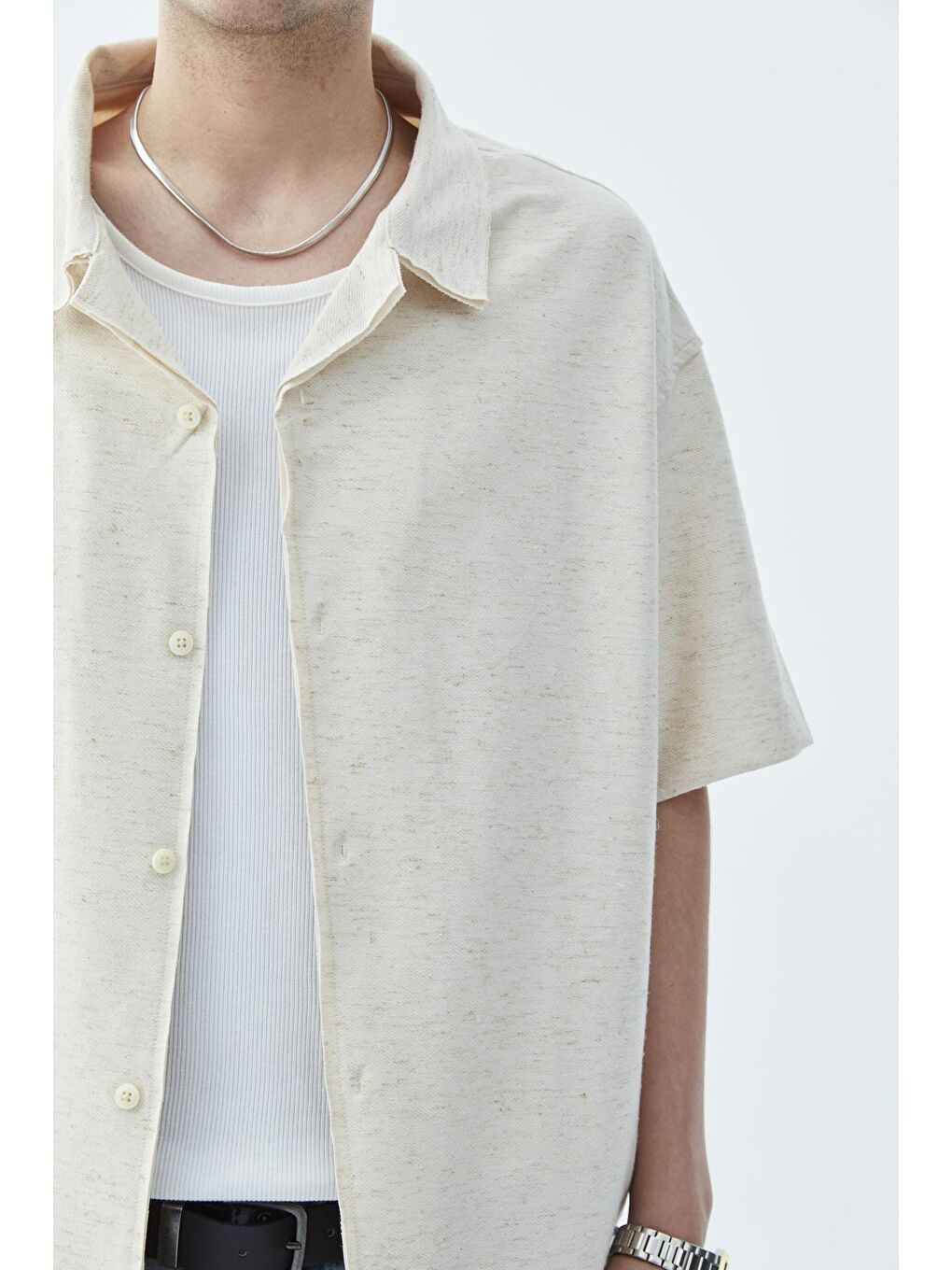 Bej Oversize Keten Gömlek Naturel-3