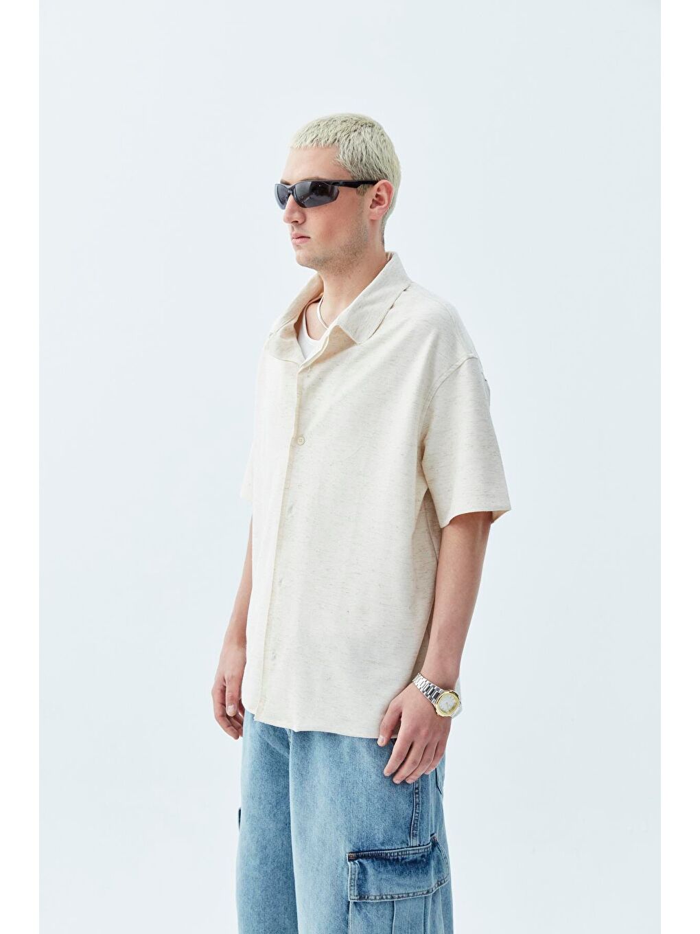 Bej Oversize Keten Gömlek Naturel-4