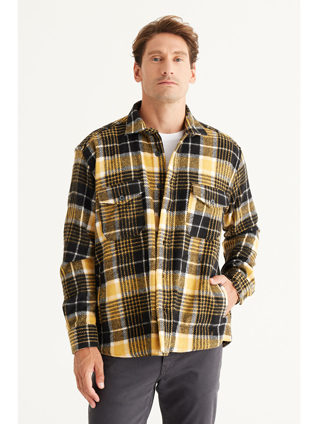 Erkek Sarı-Siyah Oversize Fit Geniş Kesim Düğmeli Yaka Ekose Gömlek Ceket