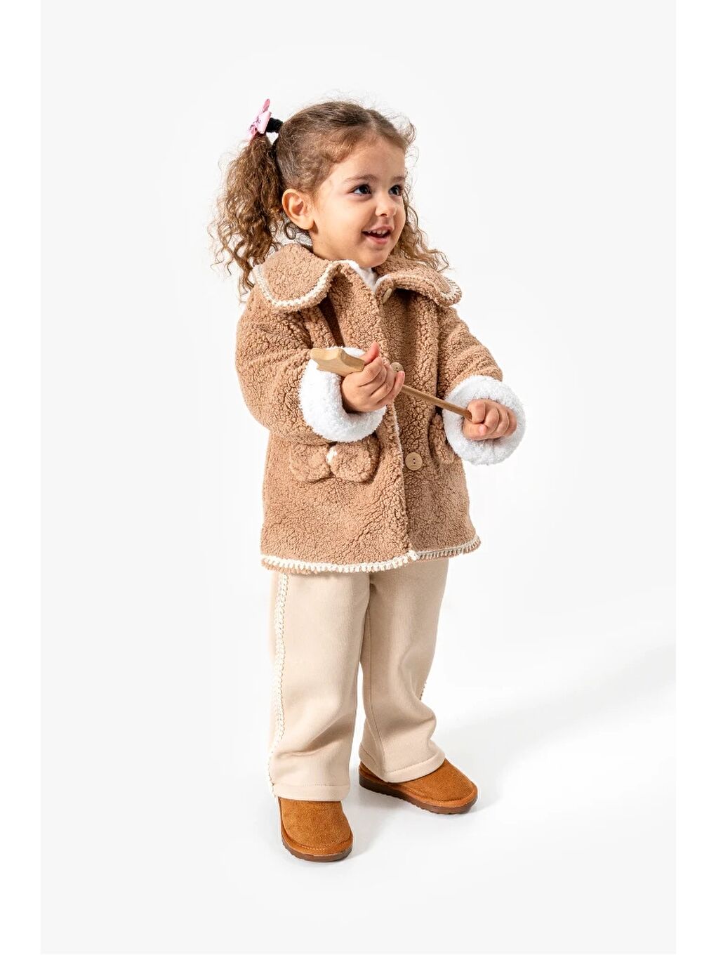 Kahverengi Pelüş Ceketli Günlük Kız Bebek Takım 8167-1