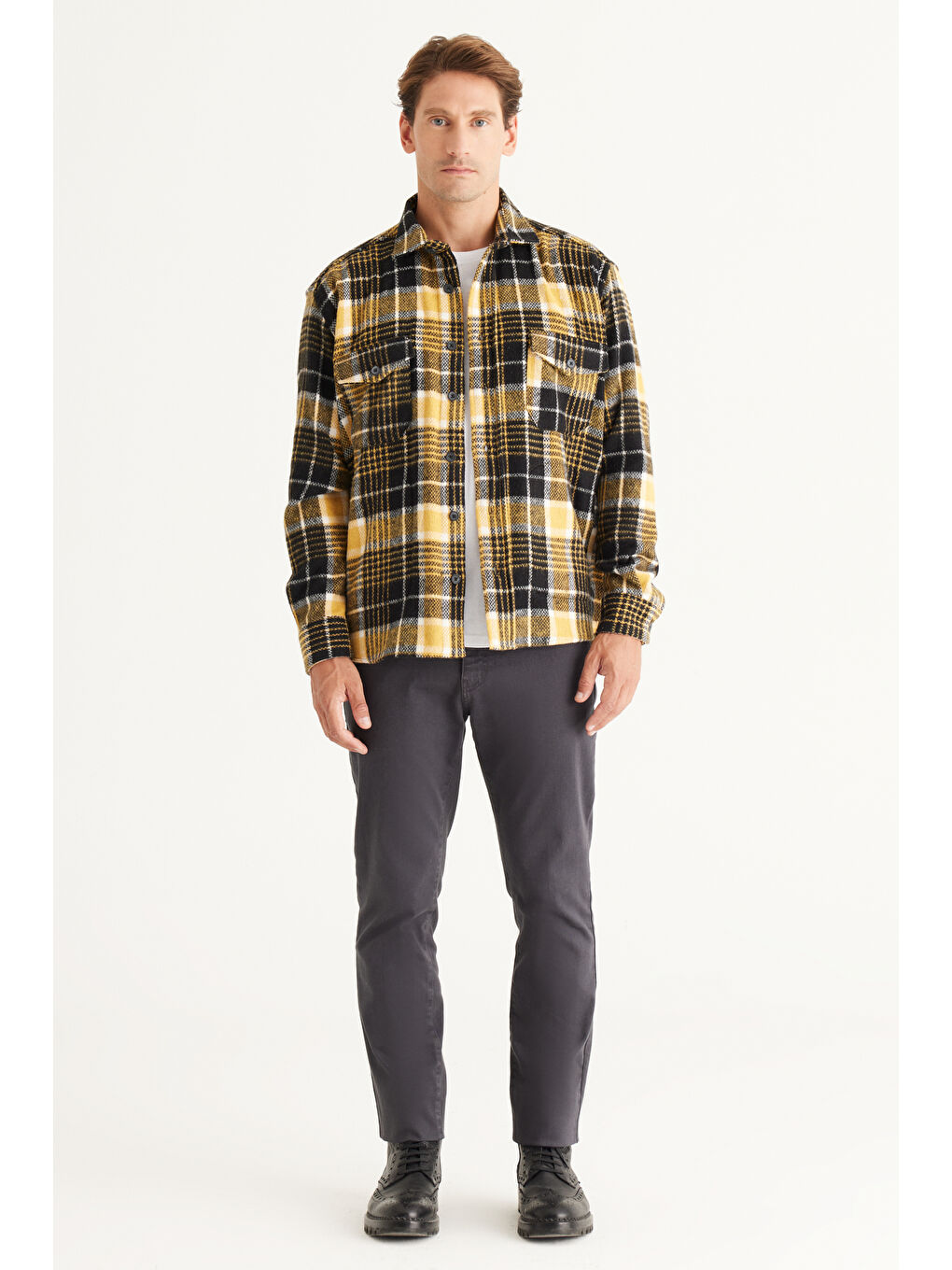 Erkek Sarı-Siyah Oversize Fit Geniş Kesim Düğmeli Yaka Ekose Gömlek Ceket-1