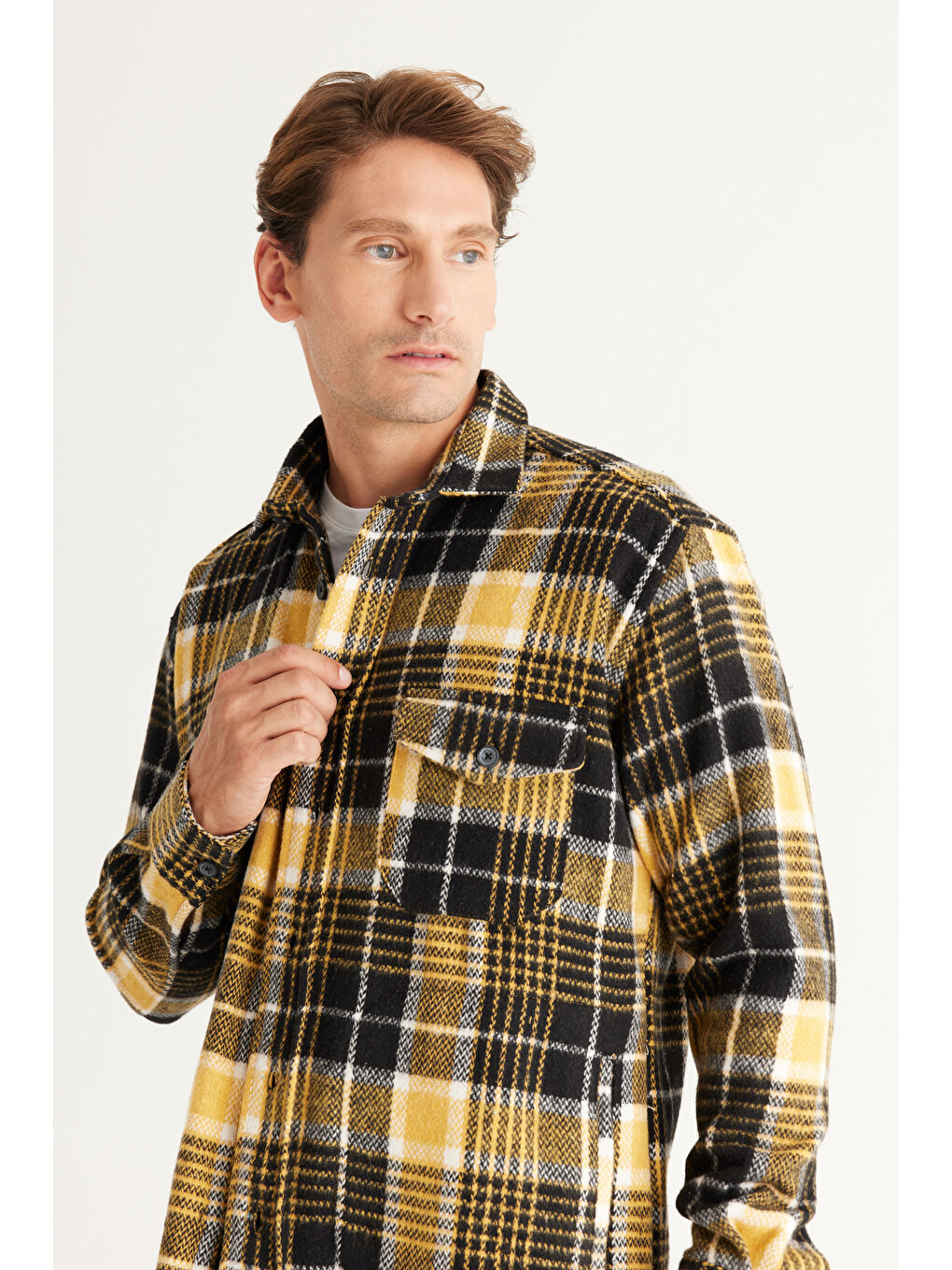 Erkek Sarı-Siyah Oversize Fit Geniş Kesim Düğmeli Yaka Ekose Gömlek Ceket-3