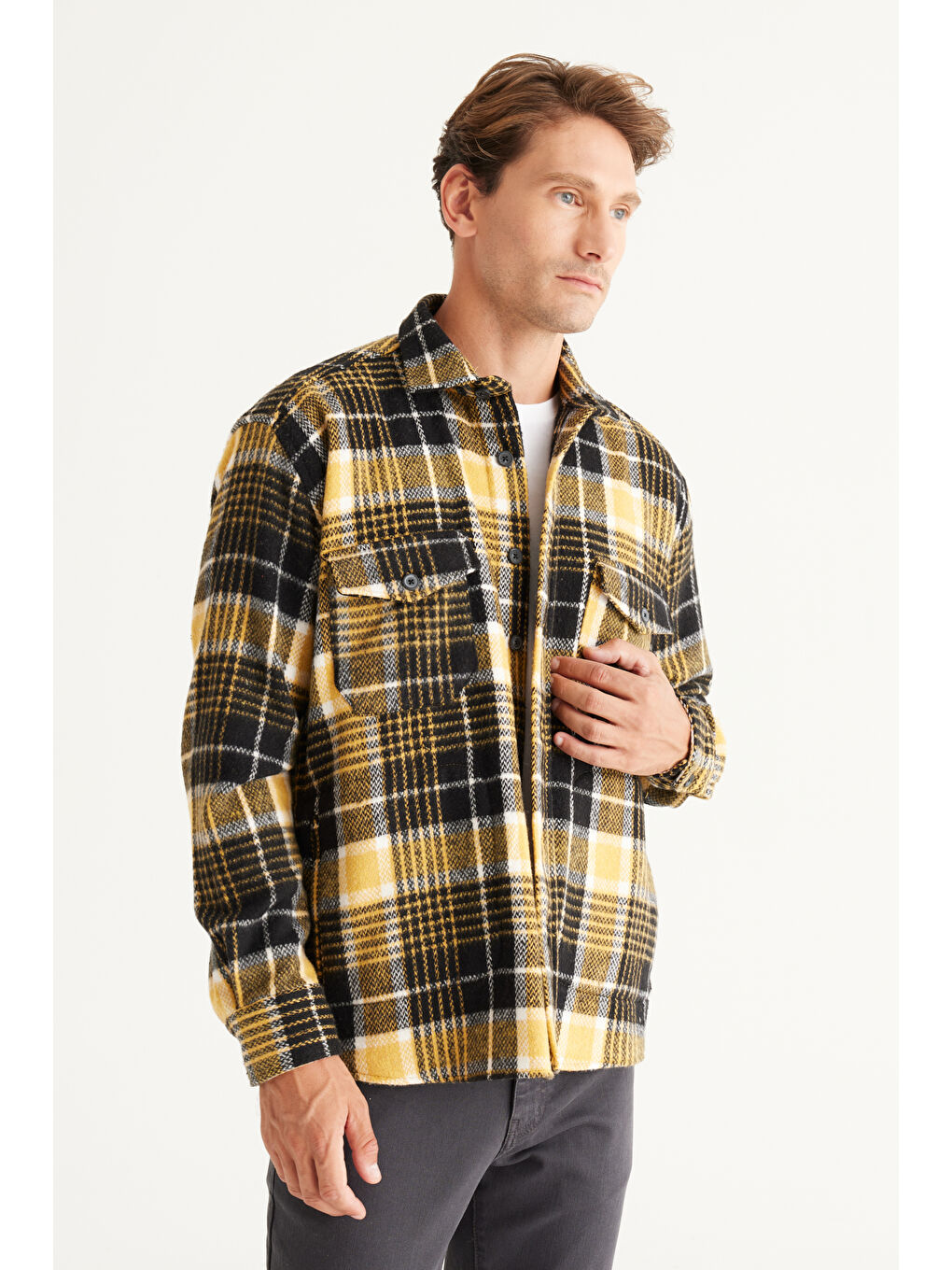 Erkek Sarı-Siyah Oversize Fit Geniş Kesim Düğmeli Yaka Ekose Gömlek Ceket-4